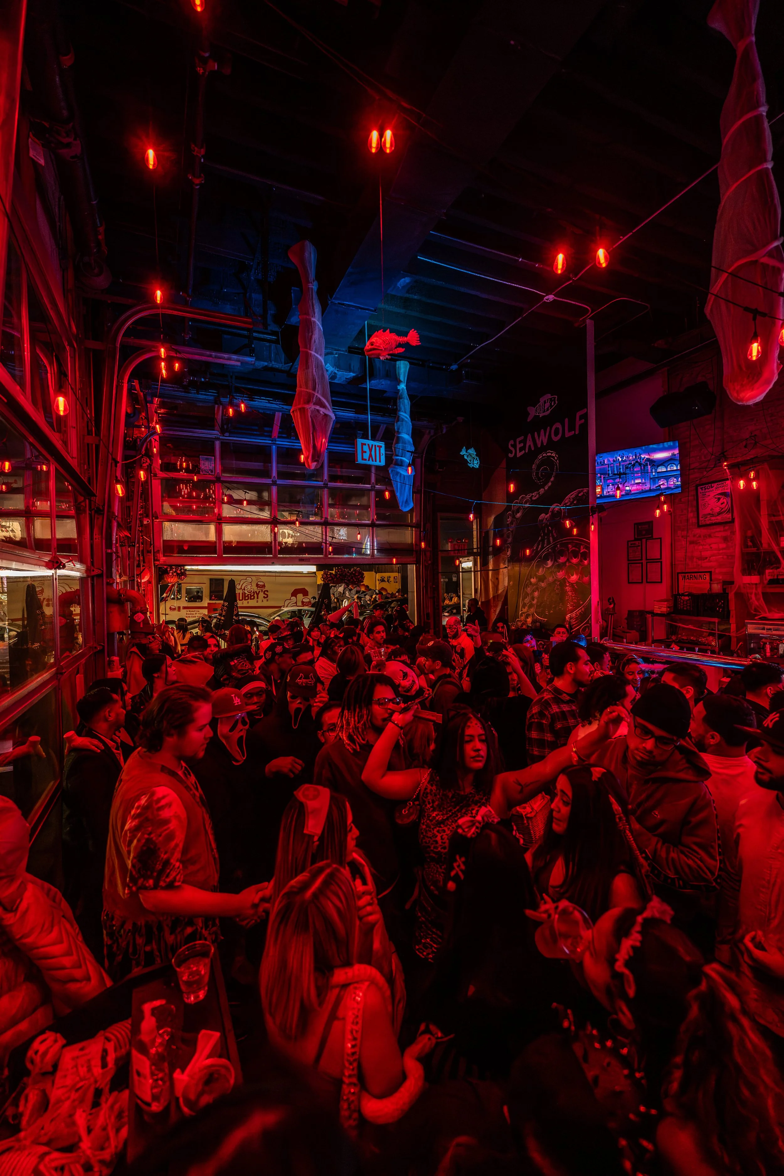 Crowd of people at a party or nightclub with red lighting, hanging decorations, and a bar area in the background.