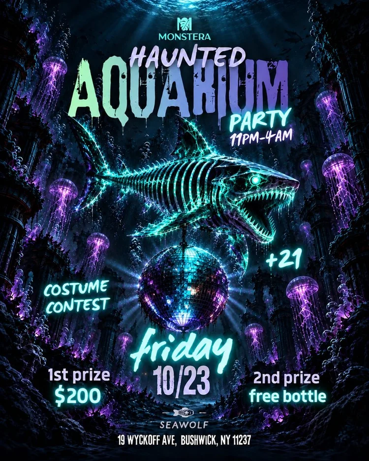 Haunted Aquarium Halloween party flyer by Monstera at Sea Wolf: neon skeleton shark over a disco ball, costume contest, Friday 10/23, 11PM–4AM, 21+, 19 Wyckoff Ave, Bushwick