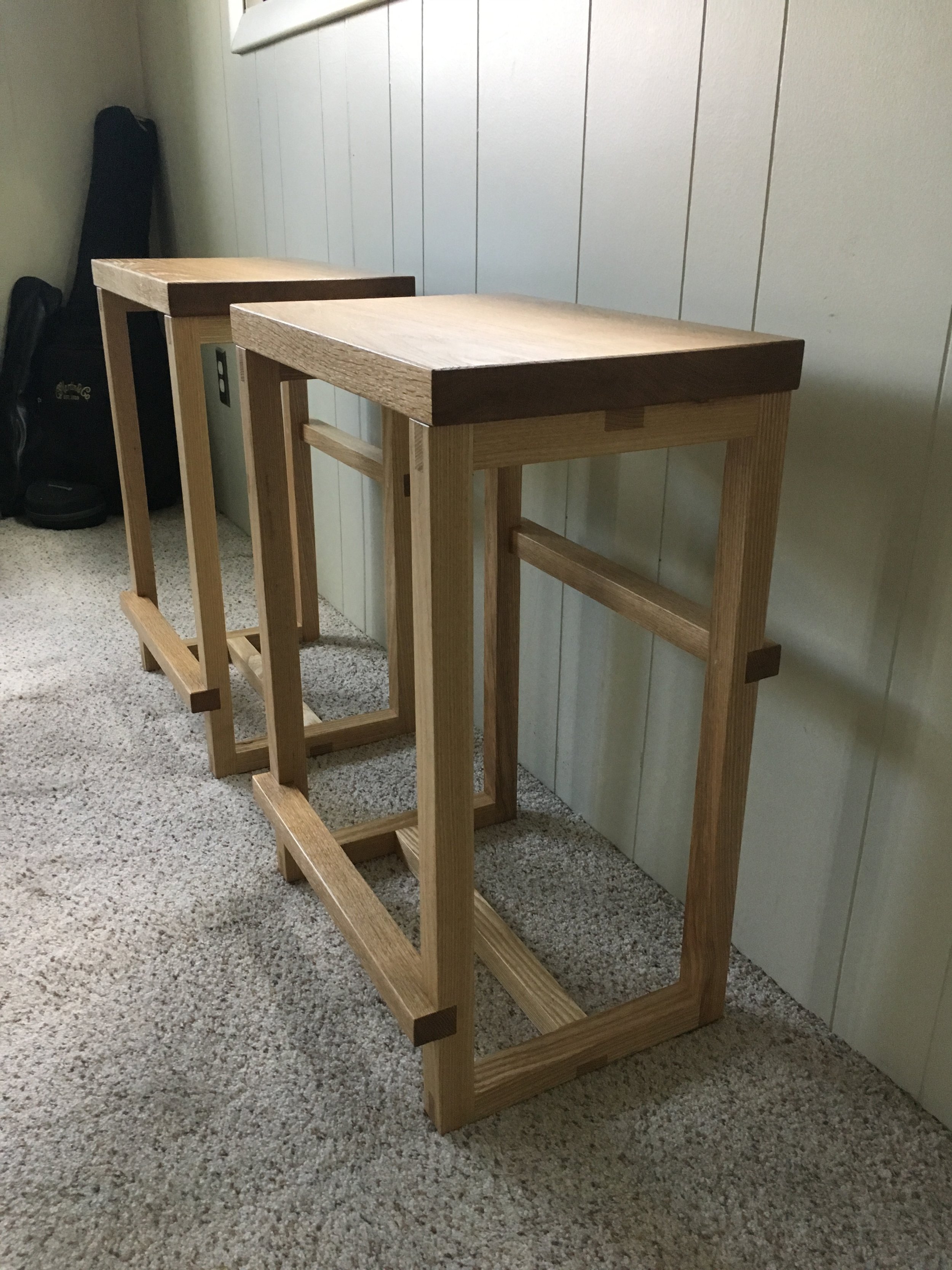 Custom bar stools in white oak and ash with bridle joinery