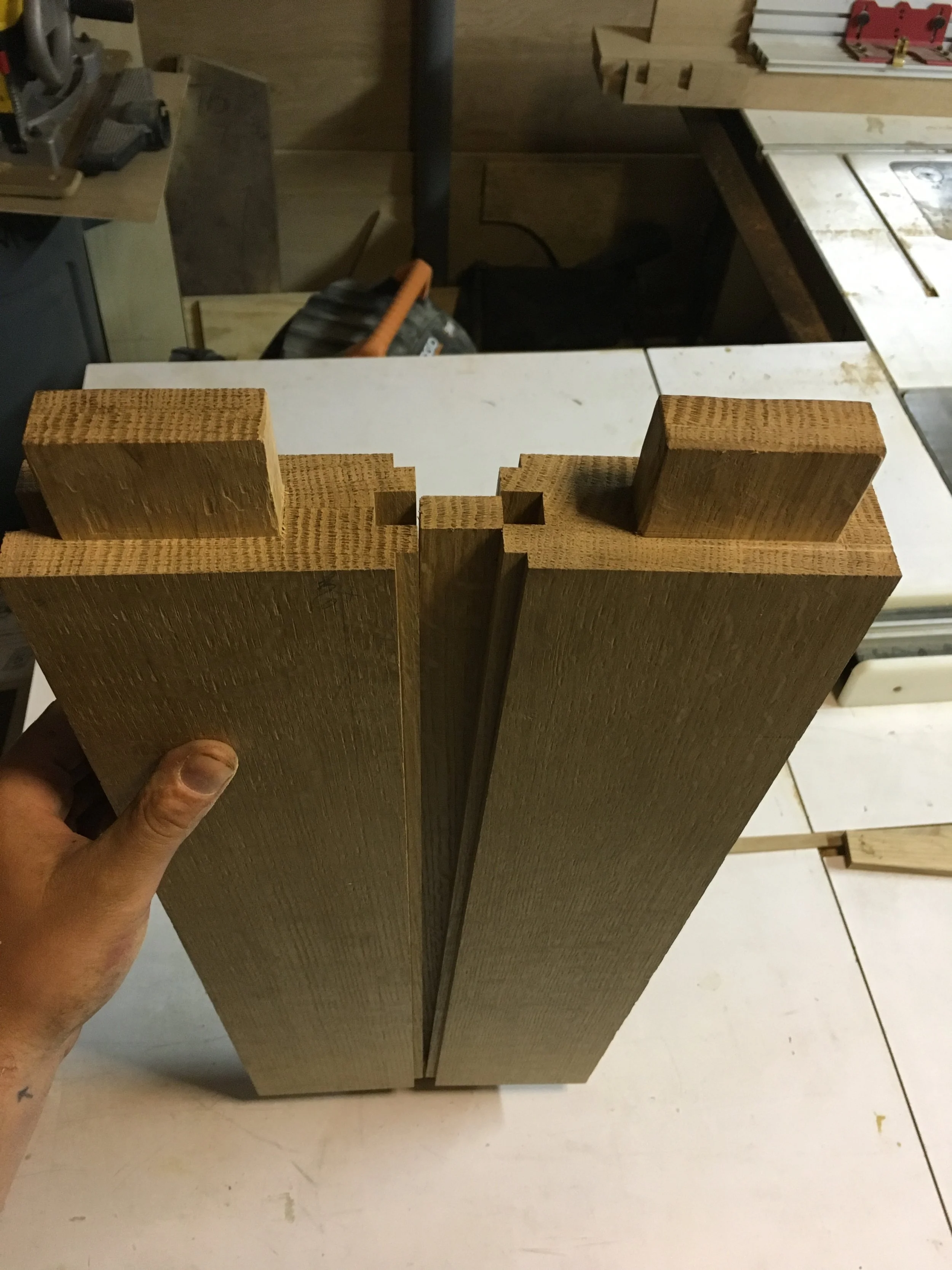 Close-up of mortise and tenon joinery in hardwood