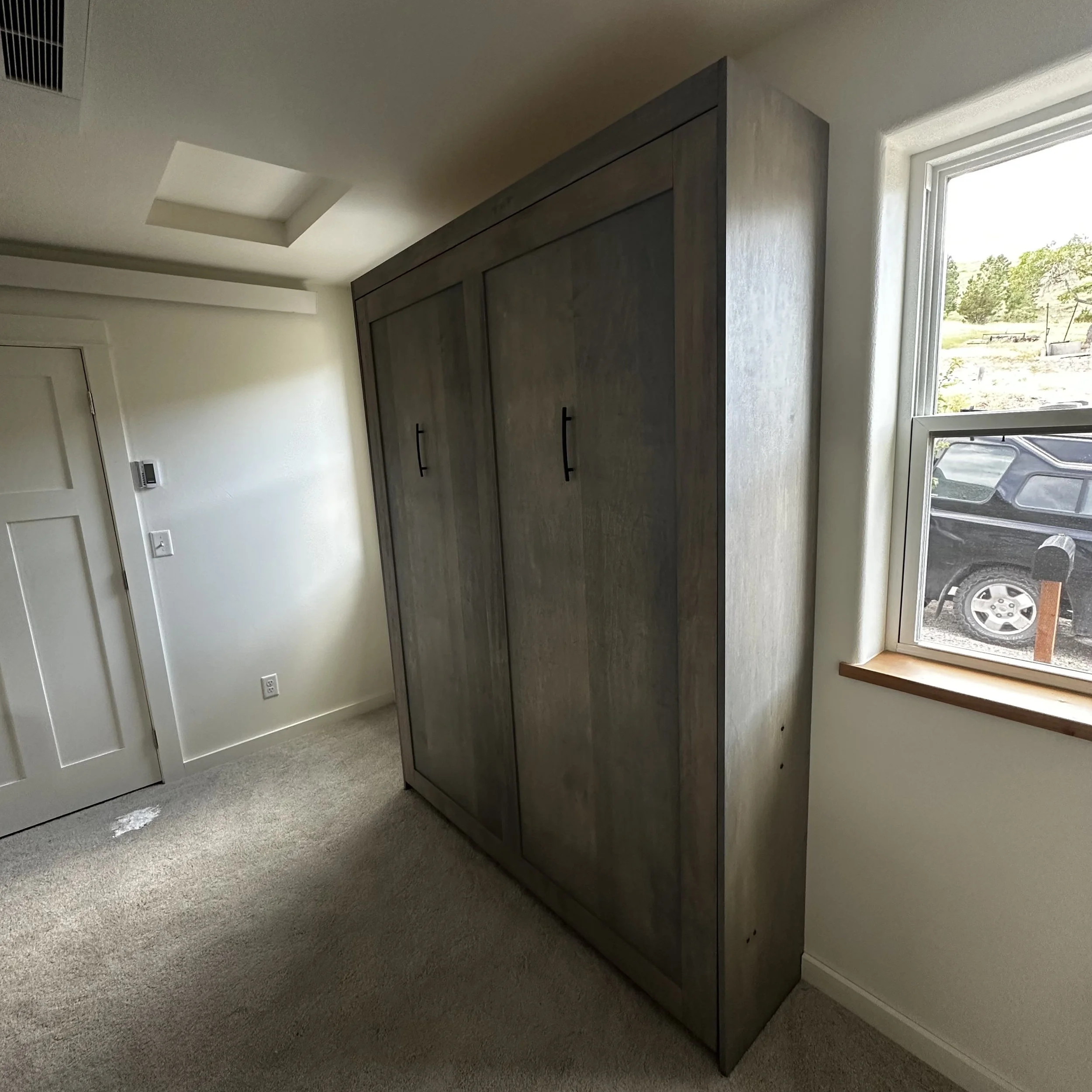 Murphy bed unit integrated into bedroom with built-in storage