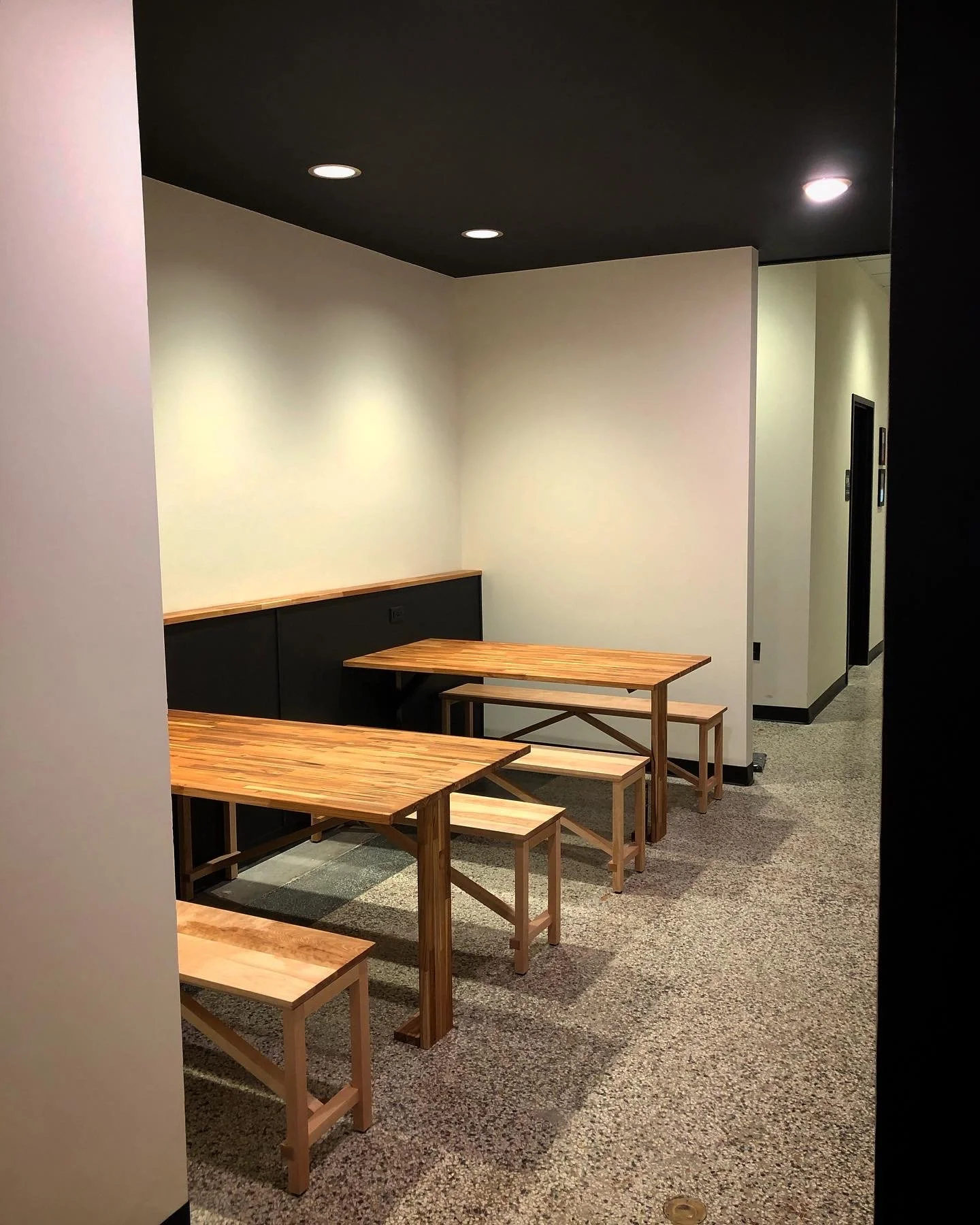 Custom restaurant tables and benches made from teak butcher block