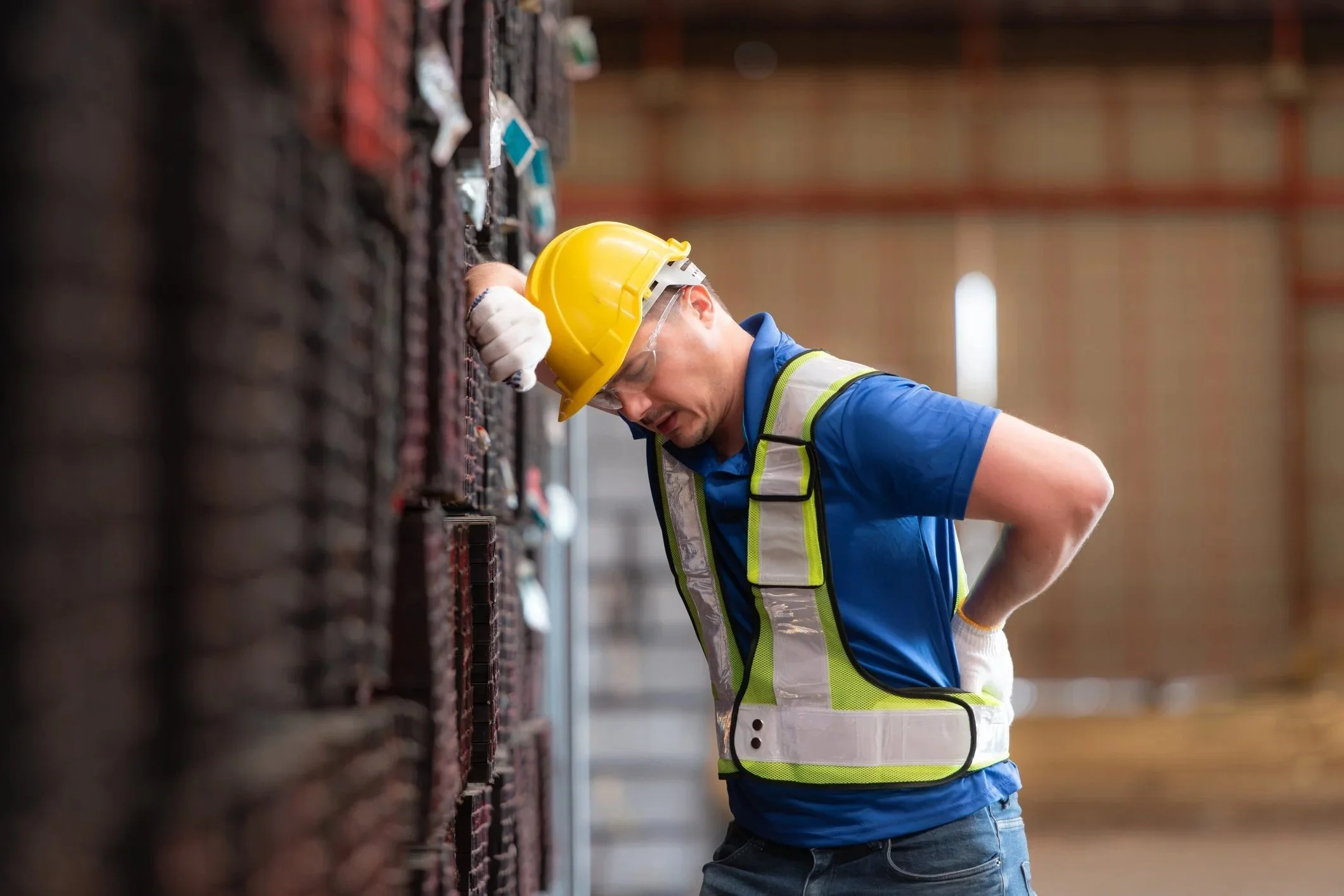 Construction worker in a blue shirt and yellow safety helmet leaning against a wall of tools or equipment, with a concerned or tired expression, in an industrial setting.