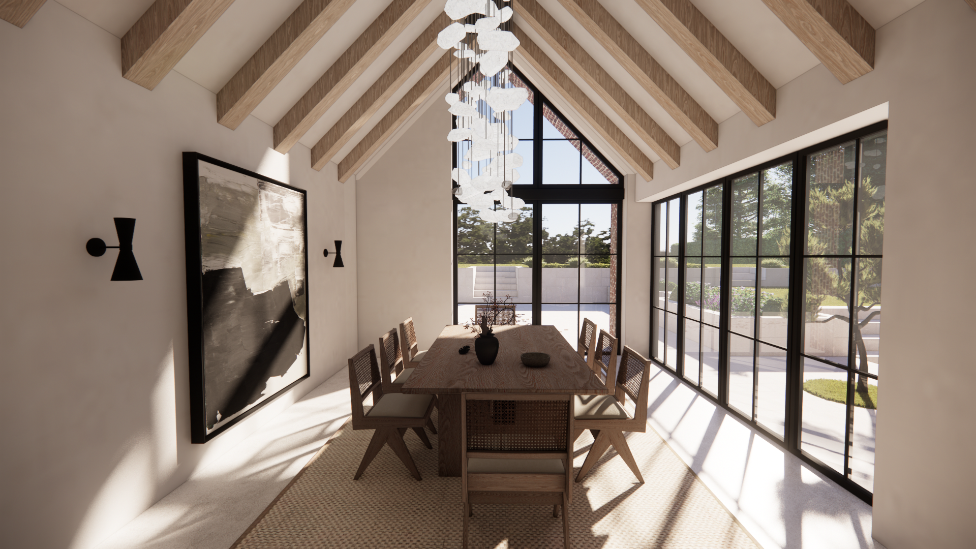 Modern dining room with a wooden table and chairs, large windows, a glass hanging chandelier, artwork on the wall, and outdoor greenery visible through the windows.