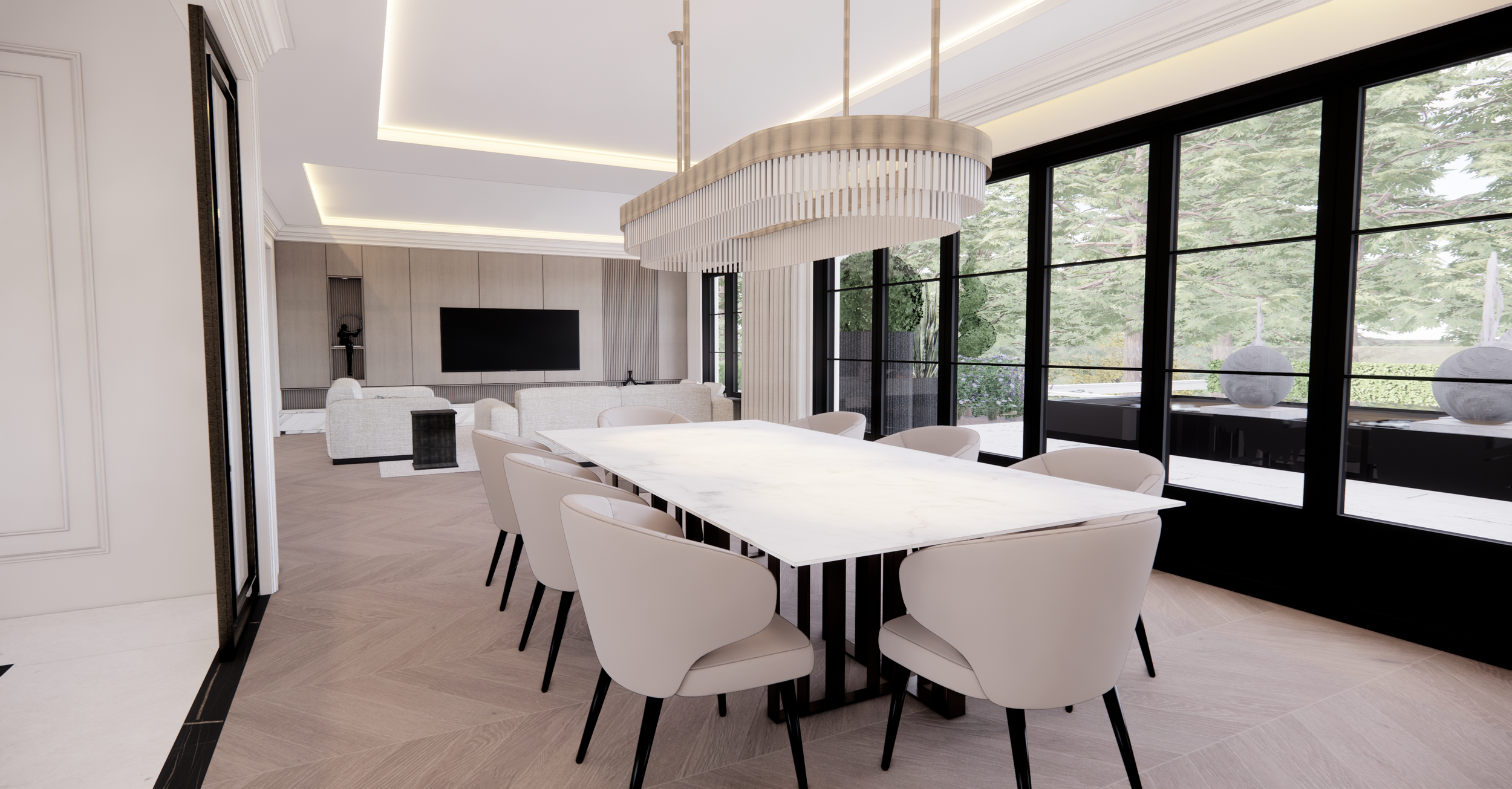 Modern dining and living room with large windows, white dining table with chairs, chandelier, and sofa with TV in the background.