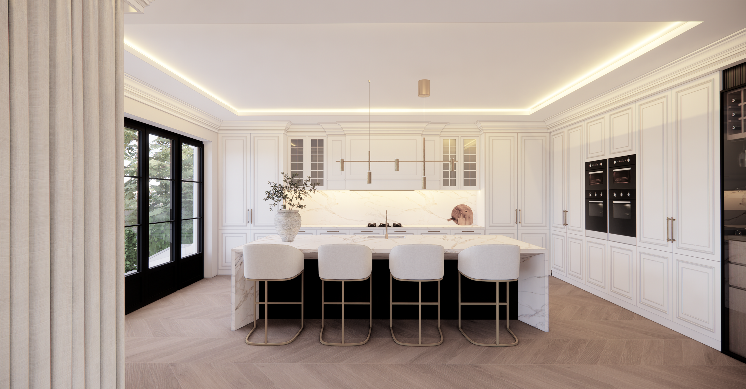 Modern kitchen with white cabinetry, marble island, black and white appliances, large windows with black frames, beige curtains on the side, and minimalistic lighting.