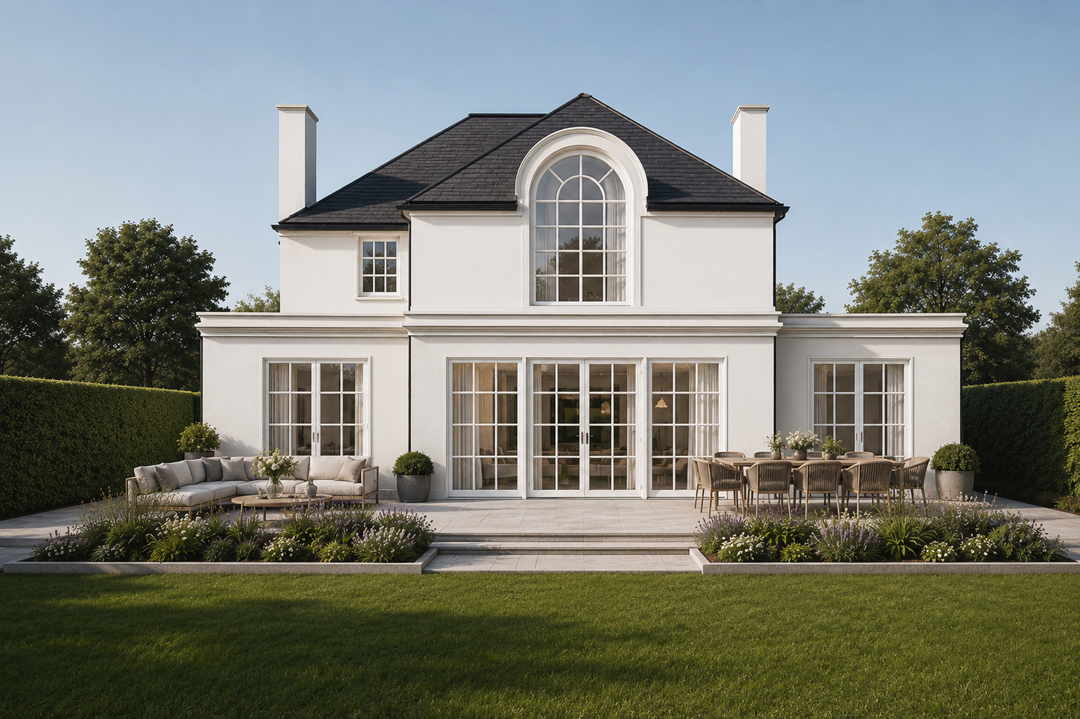 A large white house with a black roof and multiple glass doors and windows, a patio with outdoor furniture, surrounded by green trees and a lawn.