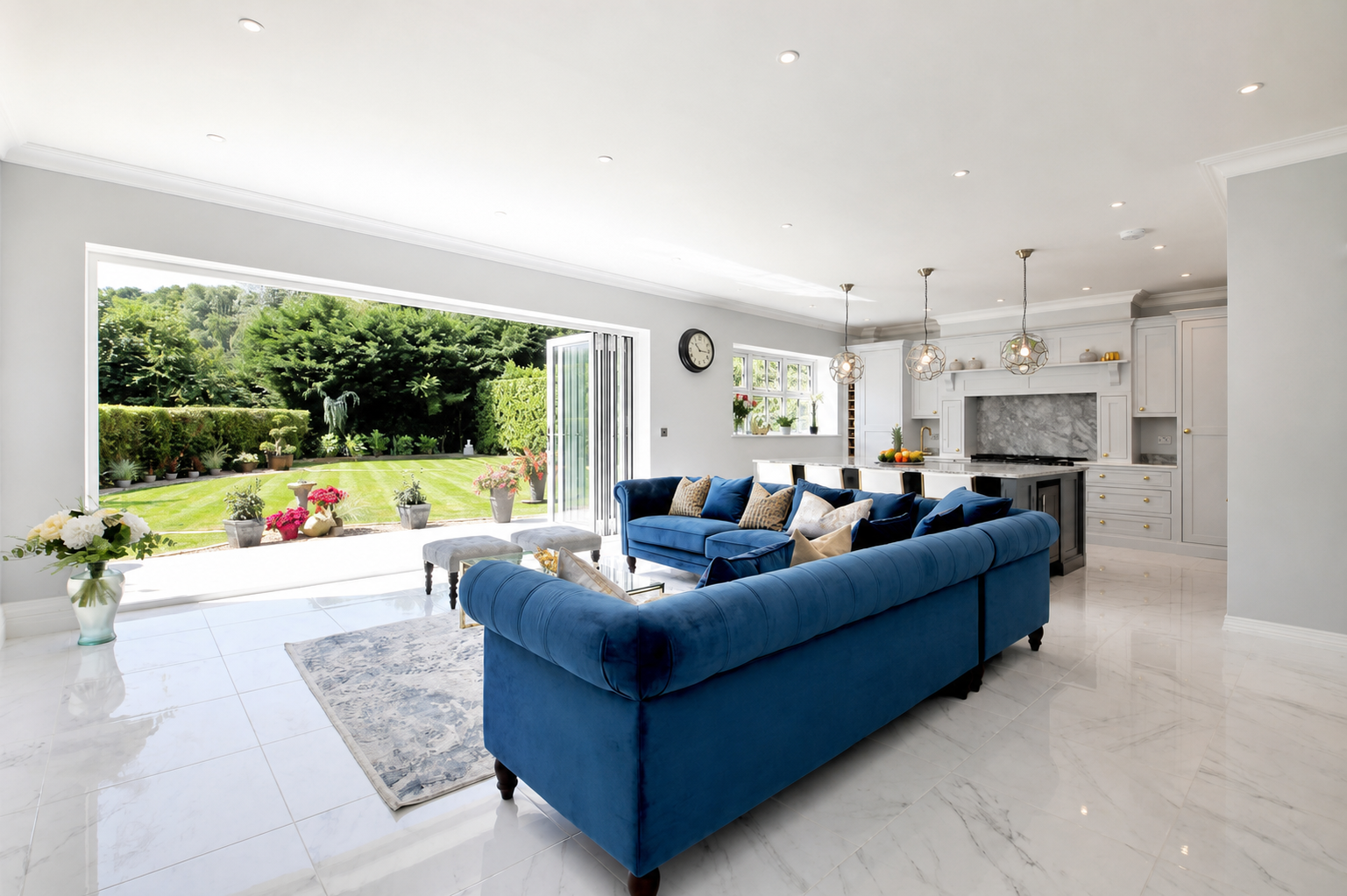 Spacious living room with large open sliding doors leading to a lush green garden, two blue velvet sofas, decorative pillows, a small white rug, chandelier lighting, and a white kitchen area with marble backsplash.