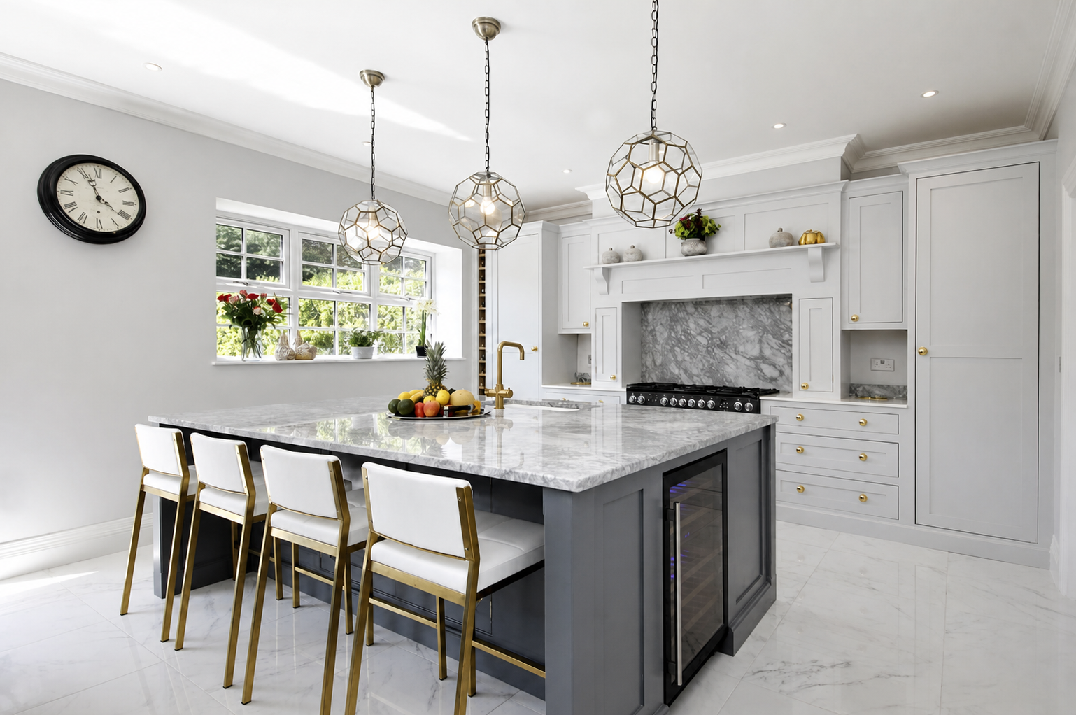 Modern kitchen with white cabinets, marble countertops, and a marble backsplash, featuring a kitchen island with a fruit bowl, gold accents, pendant lights, and a window with greenery outside.