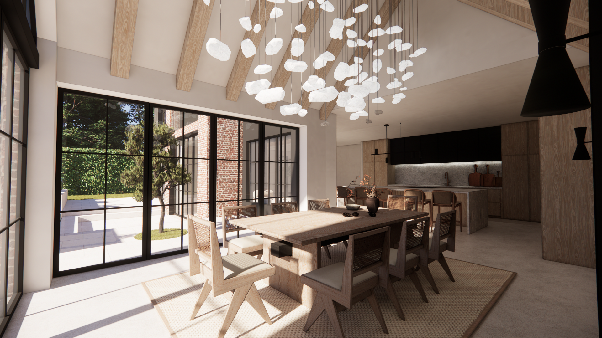 Modern dining area with large glass sliding doors, wooden dining table, and chairs. Pendant lights hanging from wooden beams, with a view of a garden outside.