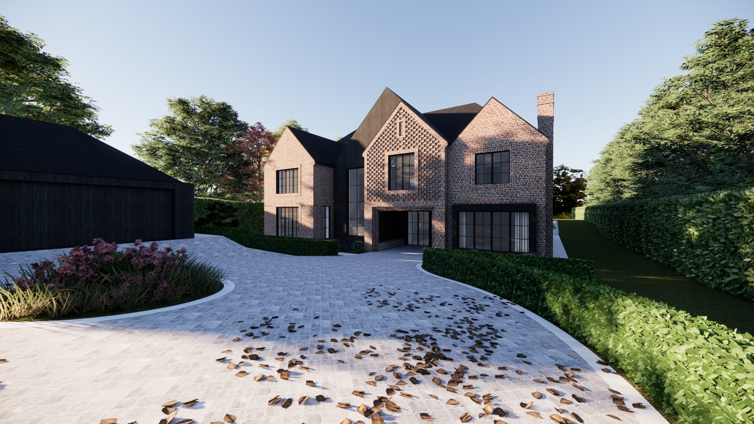A modern brick house with large glass windows, surrounded by green trees and a landscaped garden with a curved pathway.