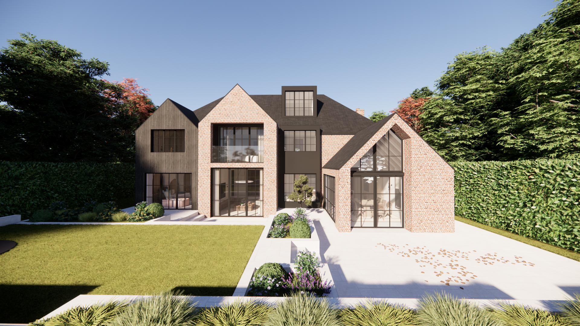 Modern multi-story house with brick and black panel exterior, large glass windows and a backyard with a lawn, paved walkway, and surrounding trees.