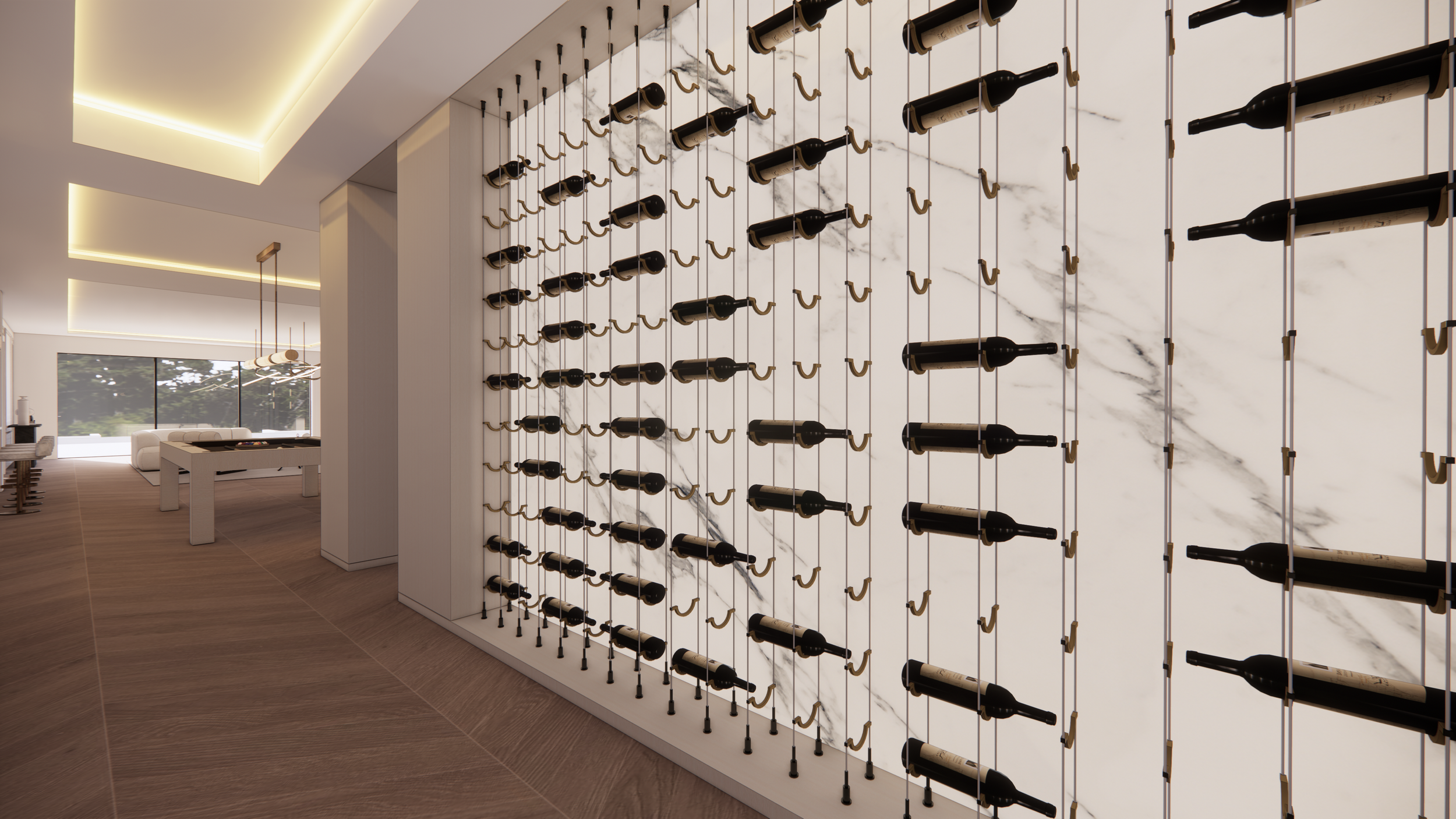 Modern wine storage wall with horizontal wine bottles on metal racks, located in a spacious, well-lit living space with large windows and contemporary furnishings.