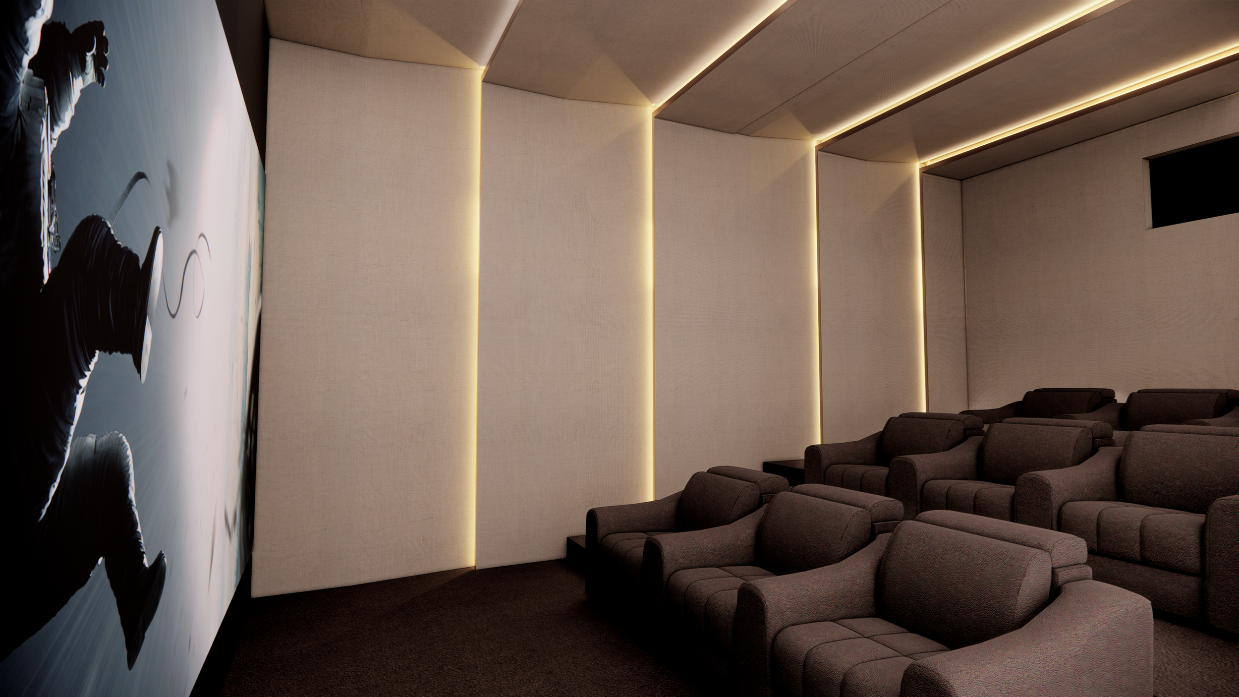 A modern theater or cinema room with rows of gray upholstered seats and a large screen on the wall. The room has beige walls with vertical lighting accents, and a black television is mounted high on one wall.