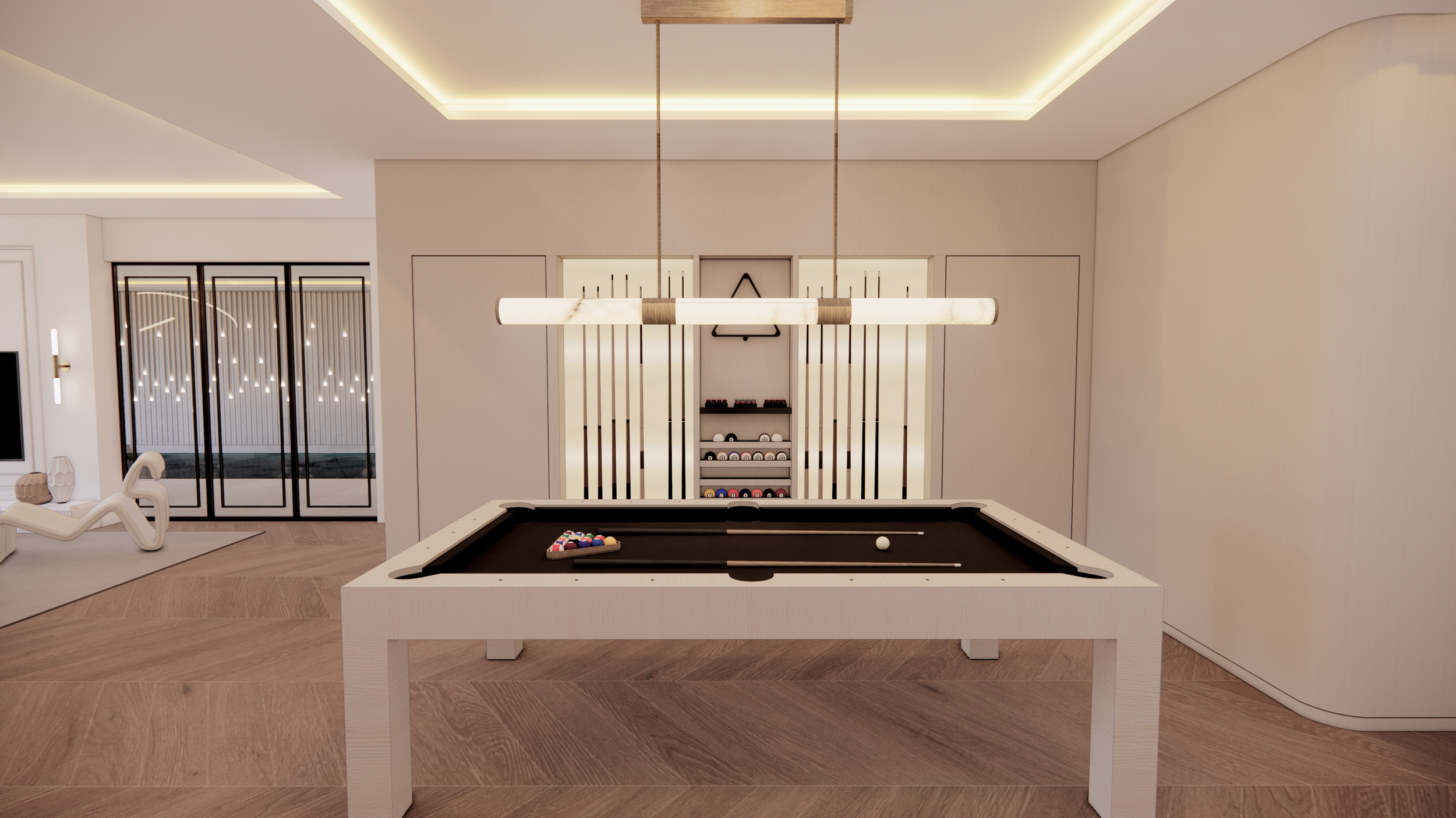 Modern interior with a pool table, a stylish light fixture overhead, and a wine rack in the background. There is a seating area to the left with a white chair and side table.