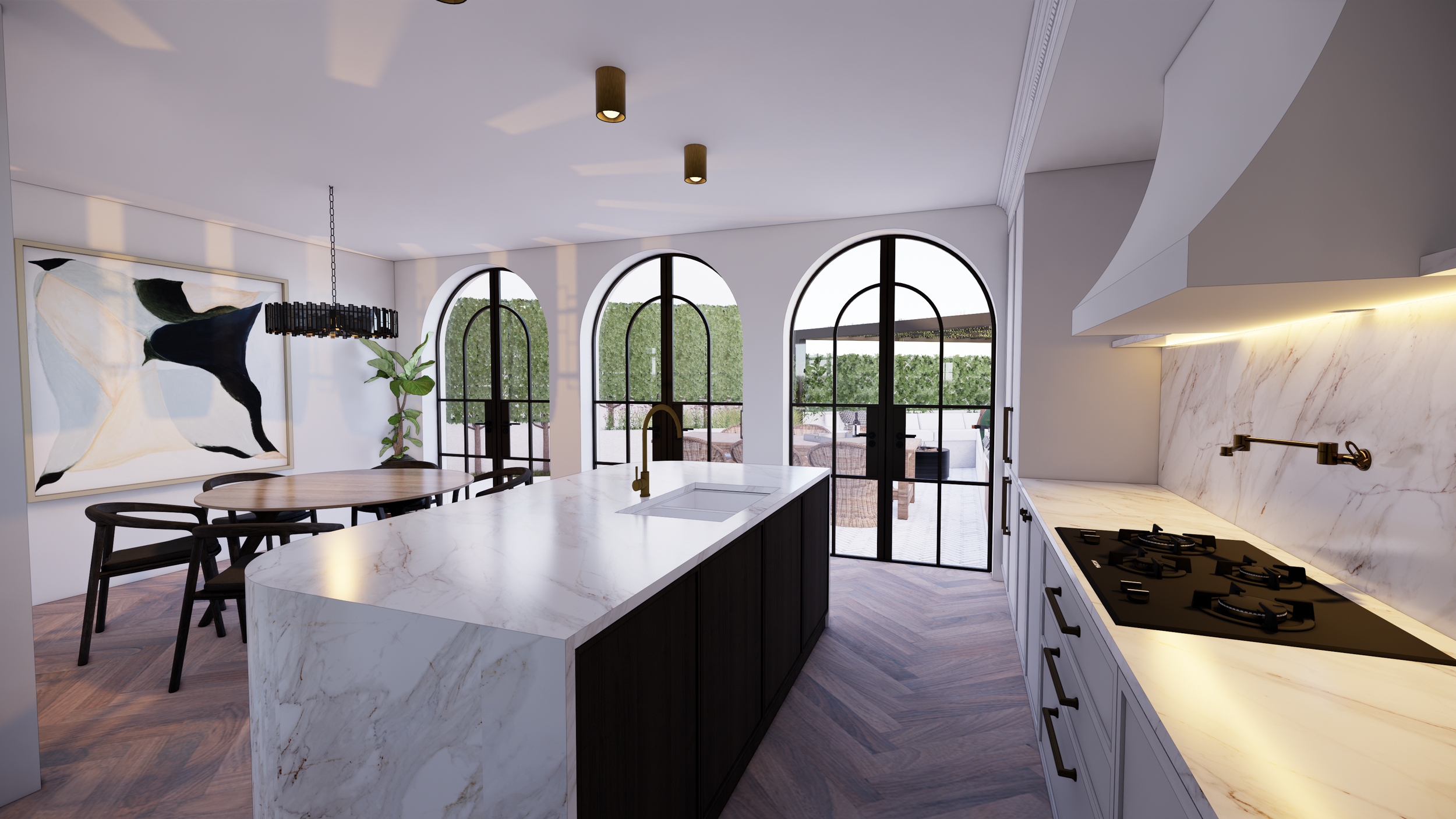 Modern kitchen with white marble countertops, black kitchen island, and black accents. Large arched windows with black frames let in natural light, and a dining area with a wooden table and black chairs is nearby. There is a large abstract painting o