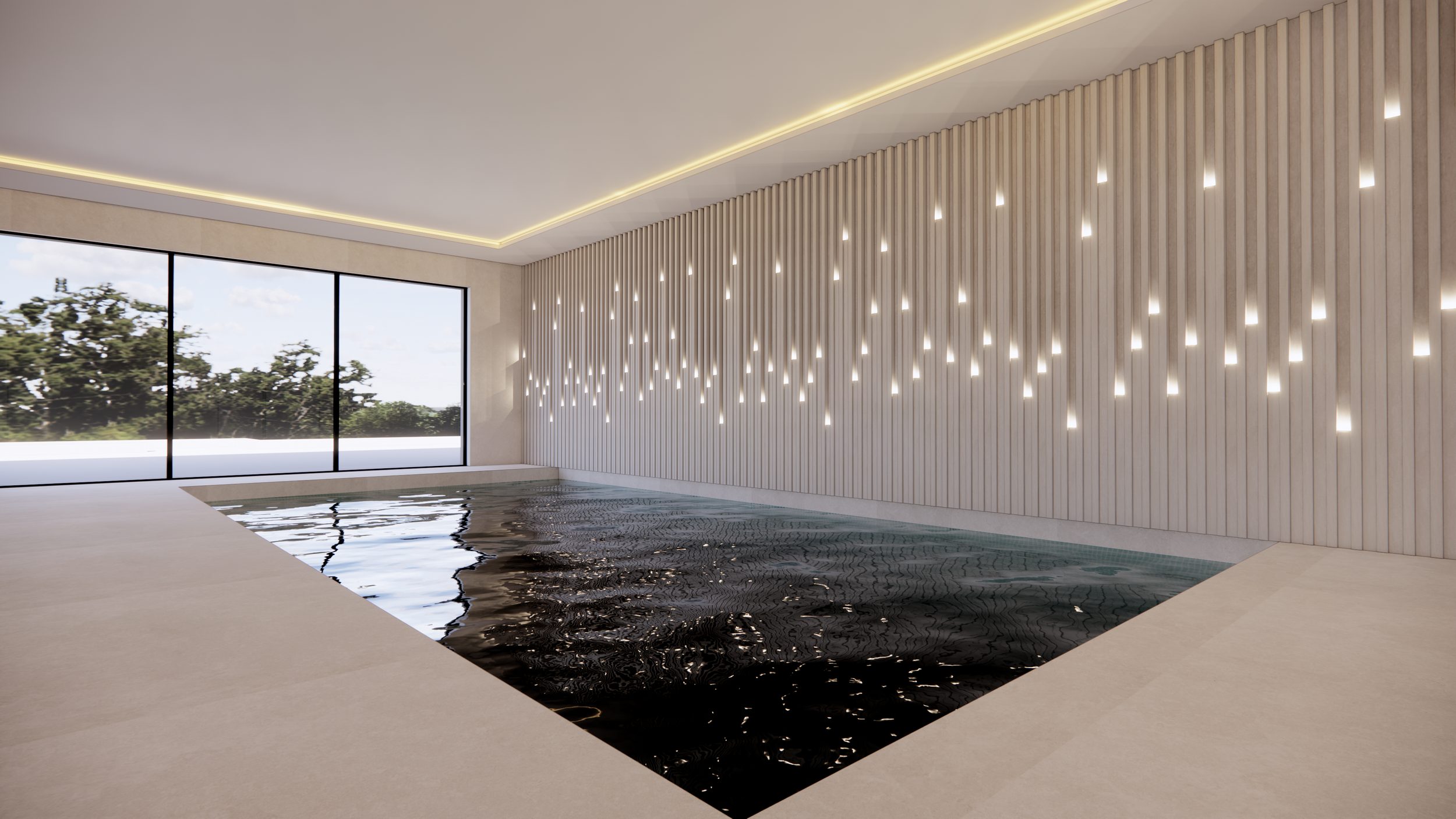 Modern indoor pool area with wooden slat wall, LED lighting, large windows showing trees outside, and water reflection.