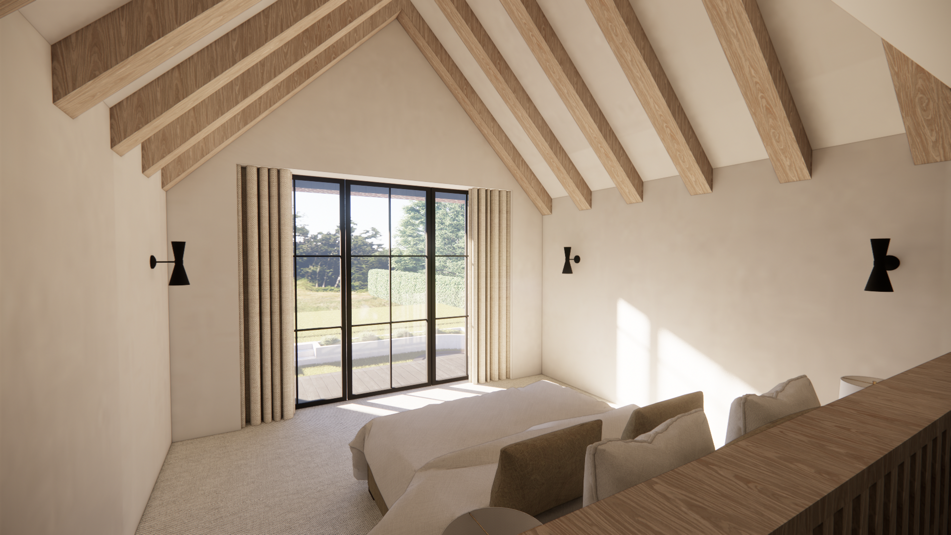 Living room with vaulted ceiling featuring exposed wooden beams, large sliding glass doors opening to a patio, and minimalist black wall sconces.