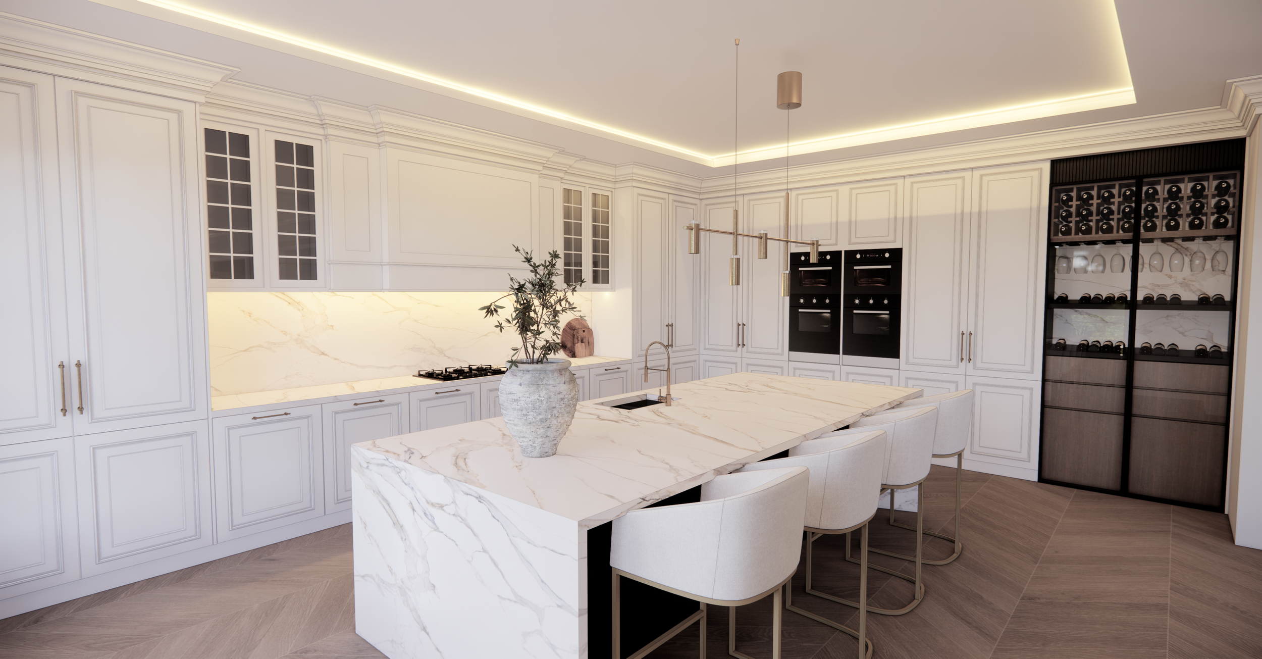 Modern kitchen with white cabinets, marble island, built-in double ovens, wine storage, and a potted plant on the island.