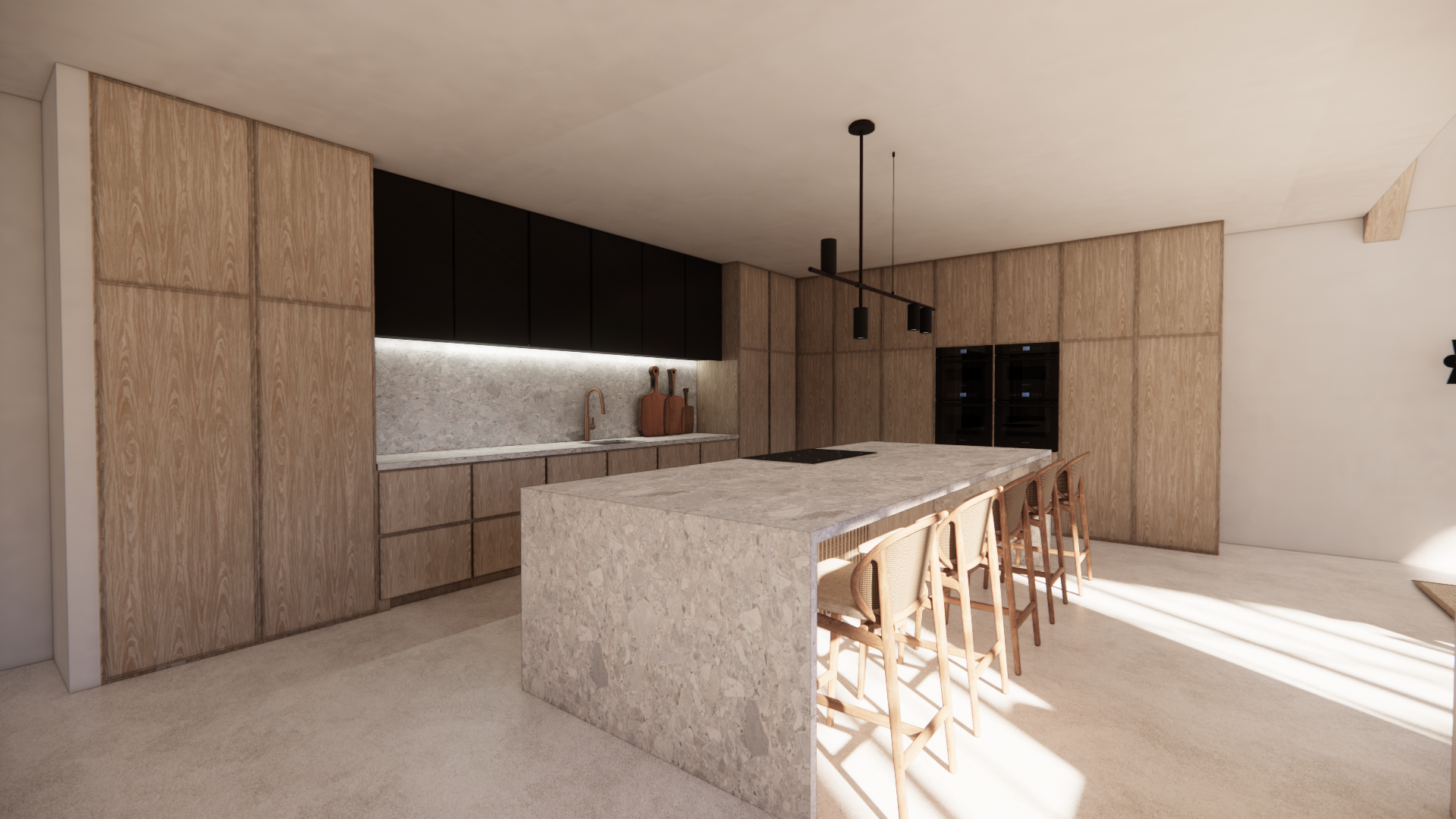 Modern kitchen with light wood cabinetry, black upper cabinets, marble backsplash and countertops, a large marble island with seating, and built-in appliances.
