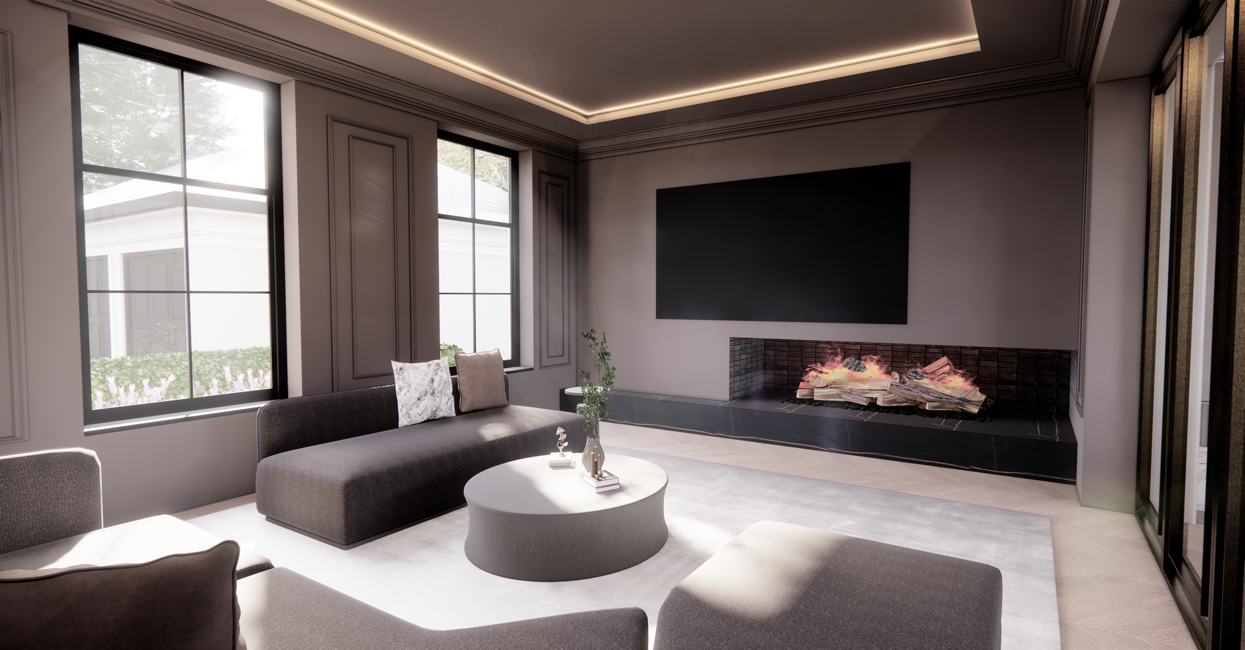 Modern living room with large windows, gray walls, and a black fireplace with a digital fire display.