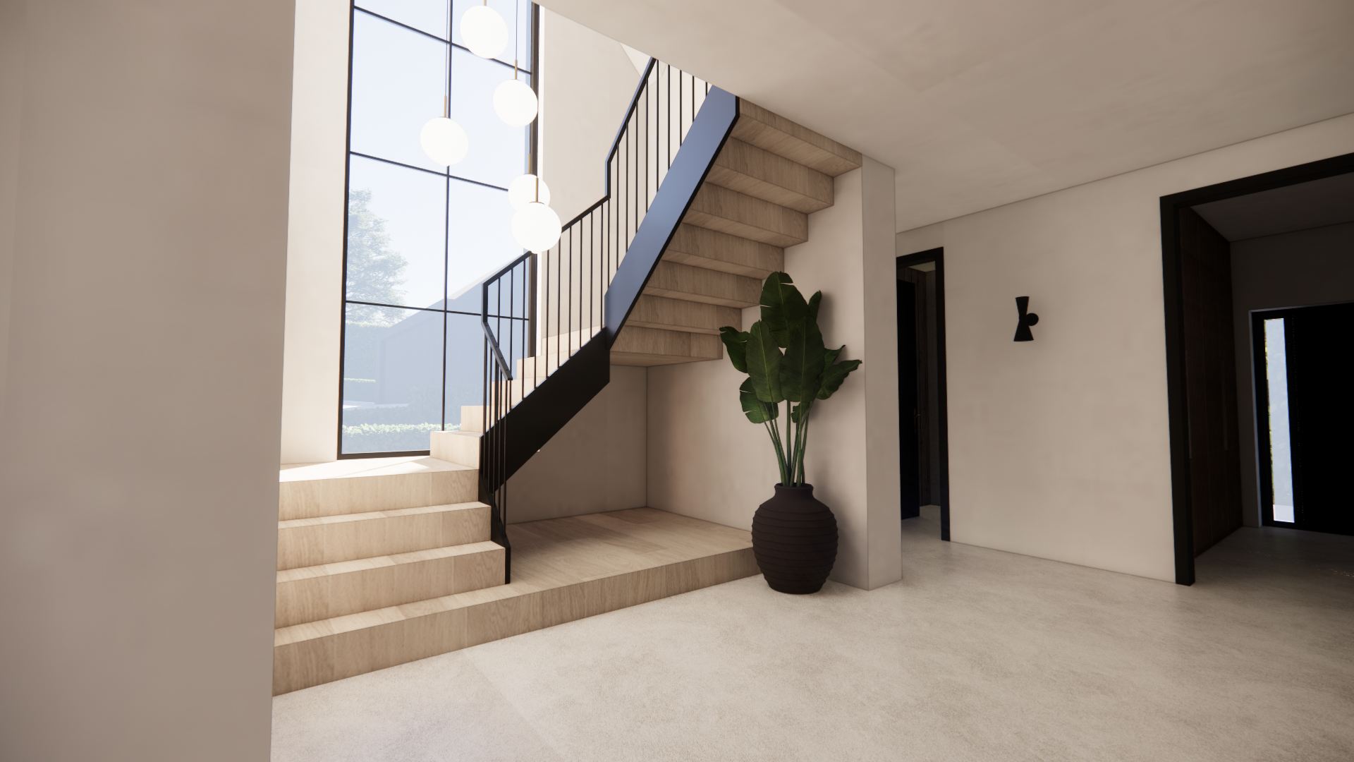 Modern interior entryway with wooden stairs, large window, hanging light fixtures, and potted plant.