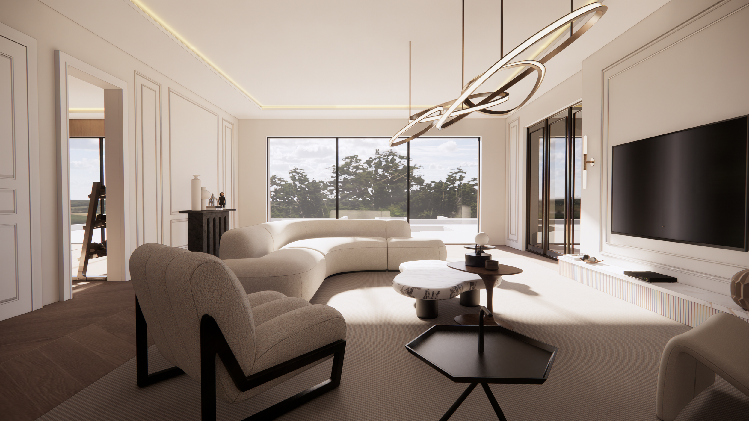 Modern living room with white walls, beige furniture, a black fireplace, large window showing trees, and a ceiling chandelier.