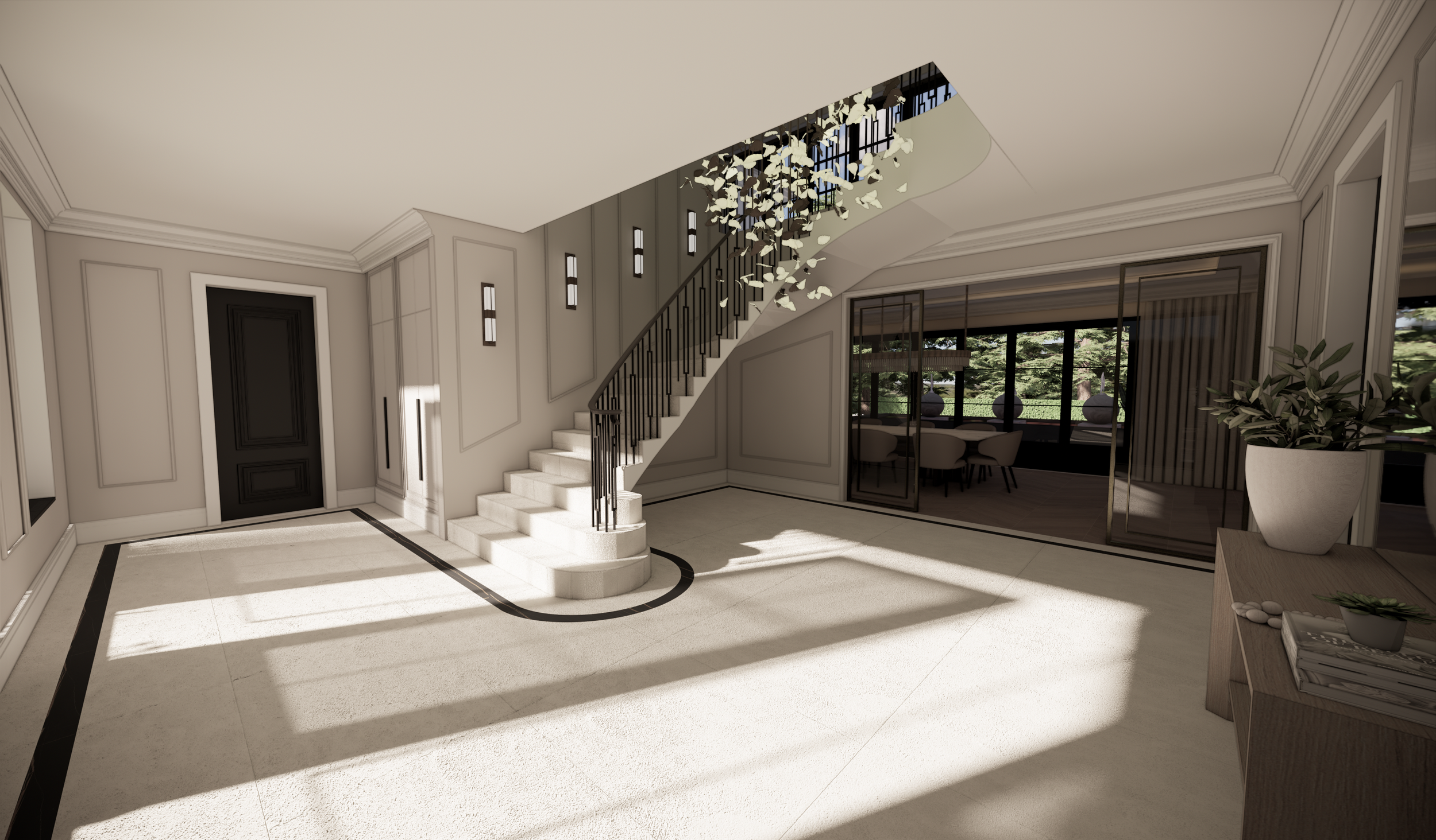 Modern interior foyer with staircase, decorative ceiling fixture, and large windows with outdoor view.