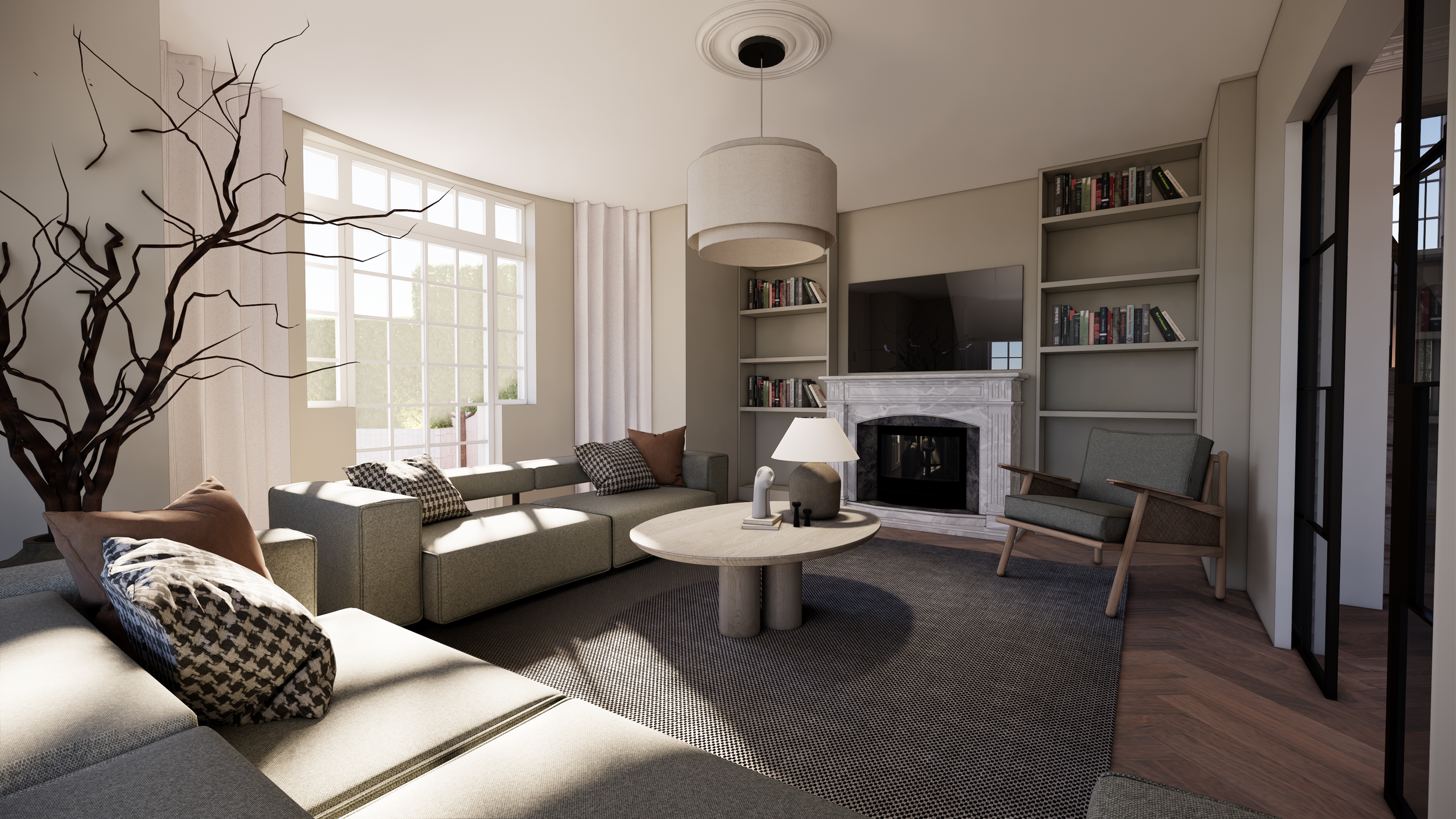 A modern living room with large windows allowing sunlight to fill the space, a sectional sofa with patterned pillows, a round coffee table with decorative items, built-in bookshelves surrounding a fireplace, and a comfortable armchair near the window