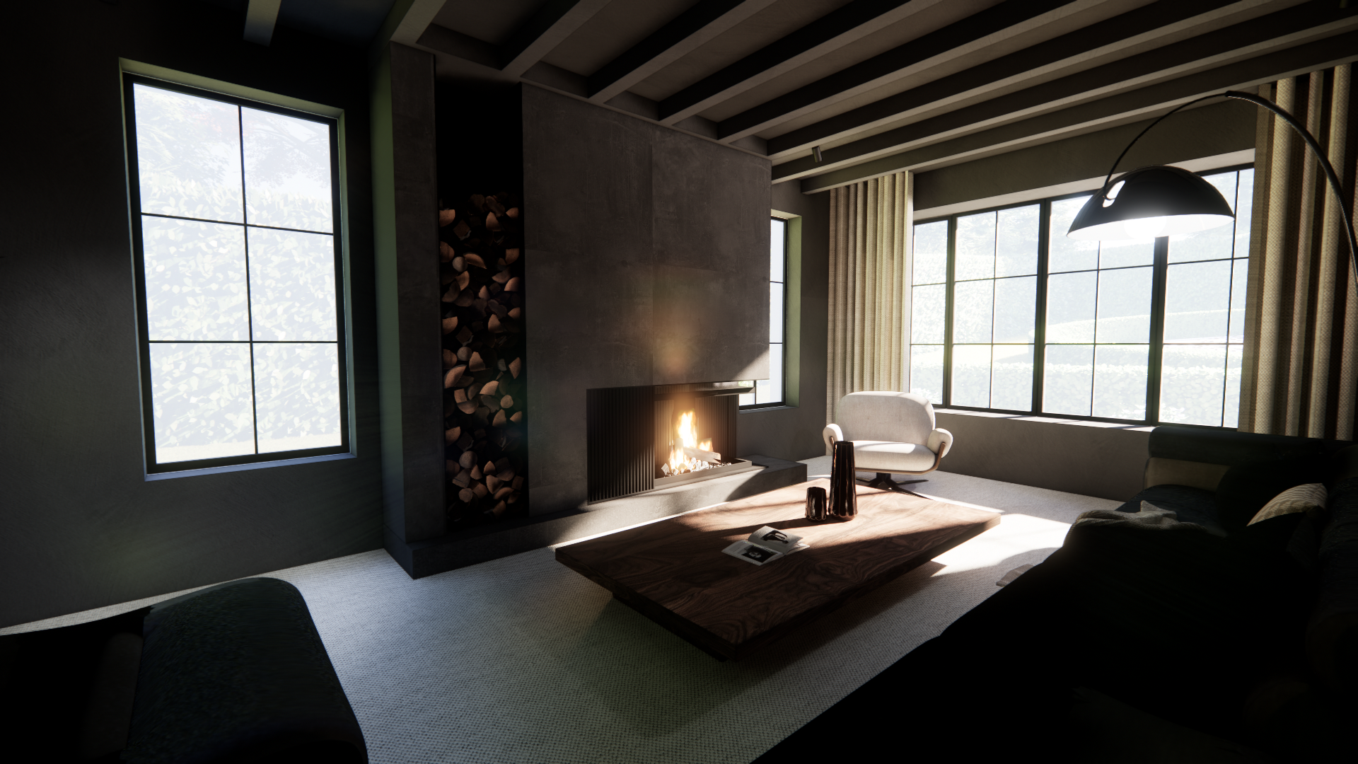 Modern living room with a fireplace, large windows, a white armchair, a dark sofa, and a wooden coffee table, with natural light flooding in.
