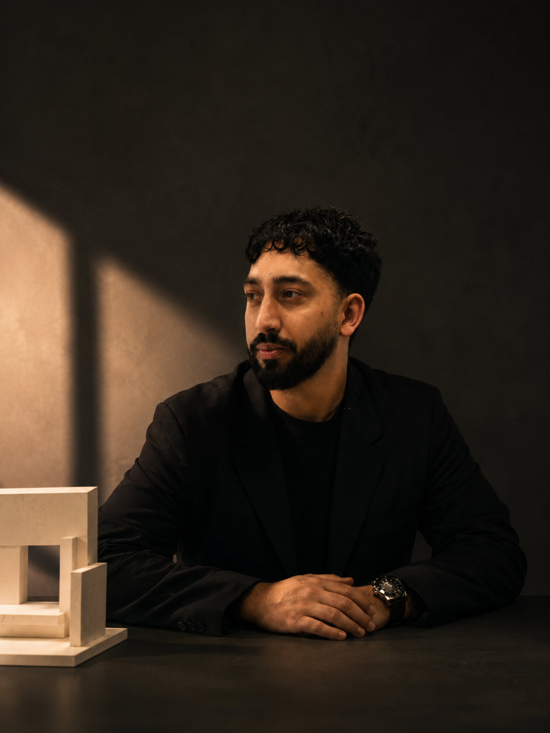 A man with curly dark hair, beard, and mustache, wearing a black blazer and watch, sitting at a black table with a modern sculpture, against a dark wall.