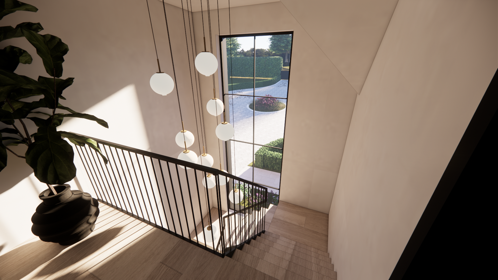A staircase landing with a large potted plant, a black holder, and a modern pendant light fixture hanging from the ceiling. A large window outside shows a garden with hedges and a flower bed.