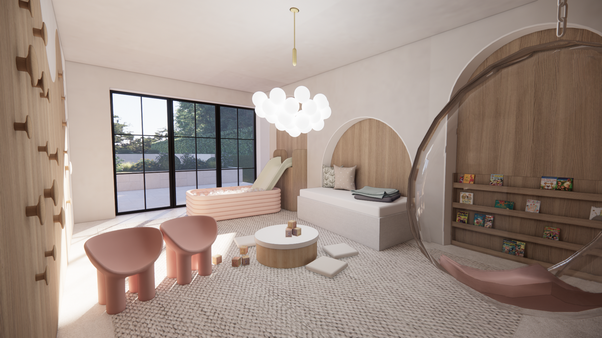 A bright children's bedroom with large sliding glass doors leading to an outdoor terrace. The room features a pink ball pit with a slide for play, a seating area with pink chairs and a small round table, and a cozy nook with a bed, pillows, and a pal
