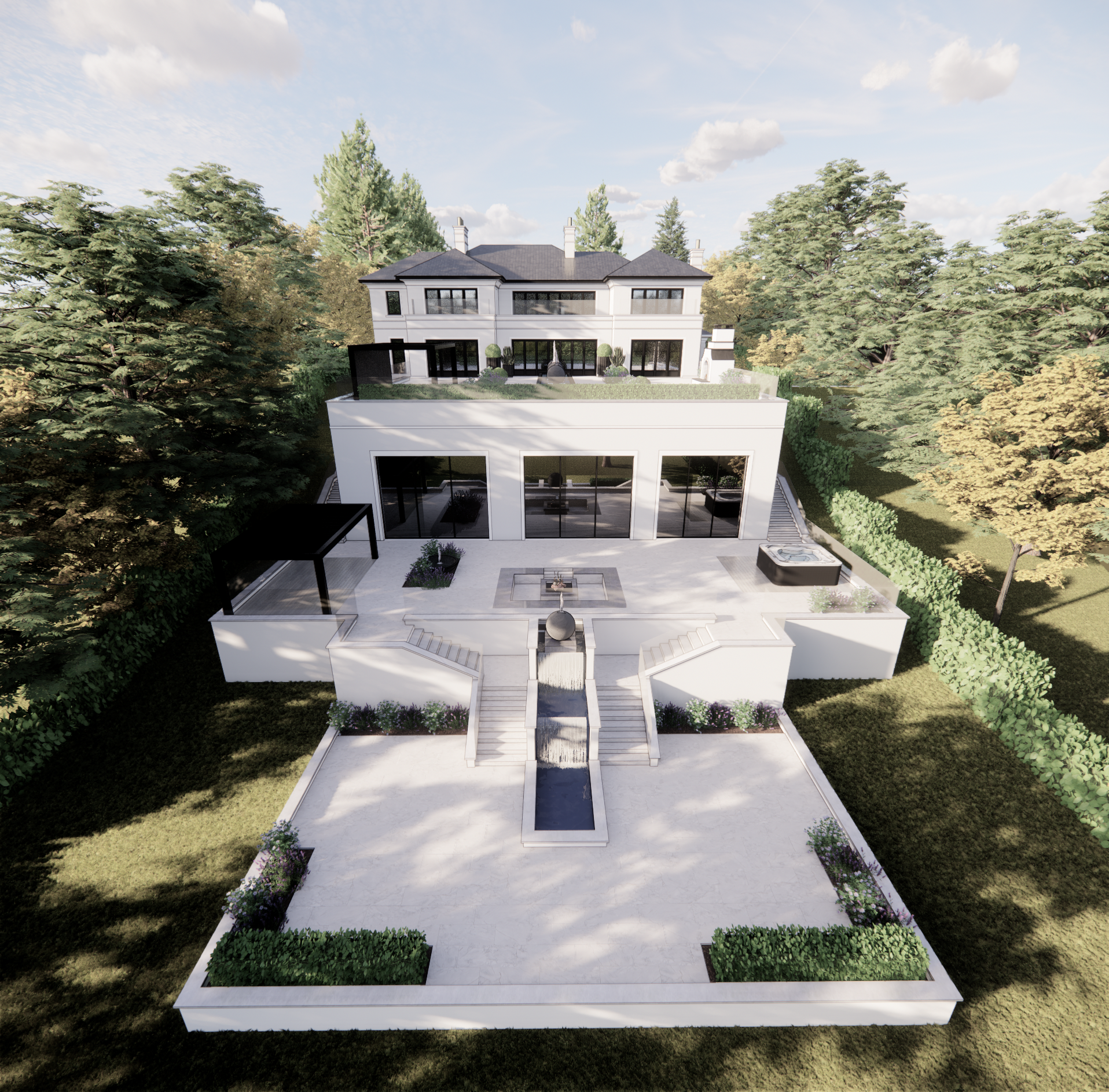 A modern multi-story house with large glass windows, balconies, and a landscaped outdoor patio with a fountain, surrounded by tall trees and greenery.