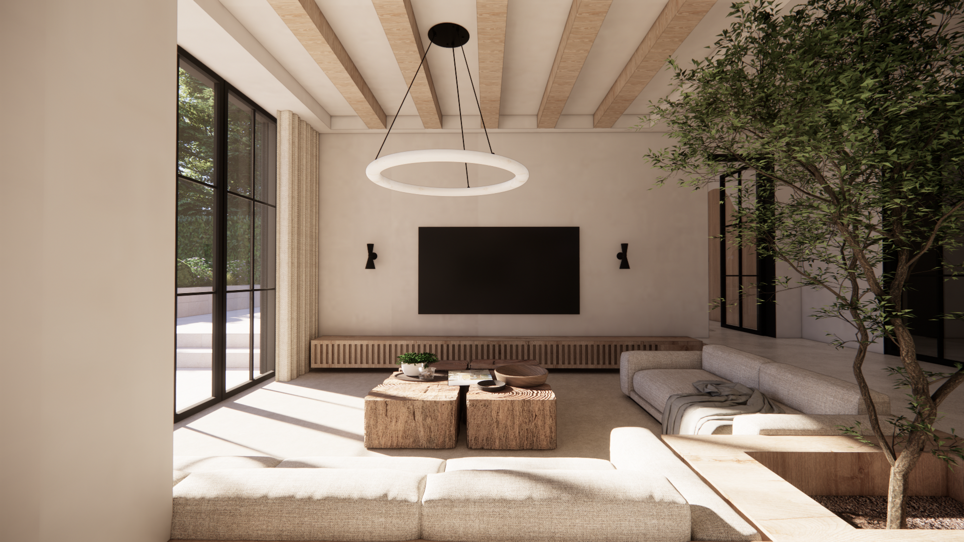 Modern living room with large windows, a beige sectional sofa, a wall-mounted black TV, a wooden coffee table, and a potted plant. Ceiling features wooden beams and a circular white chandelier. Natural light streams in.