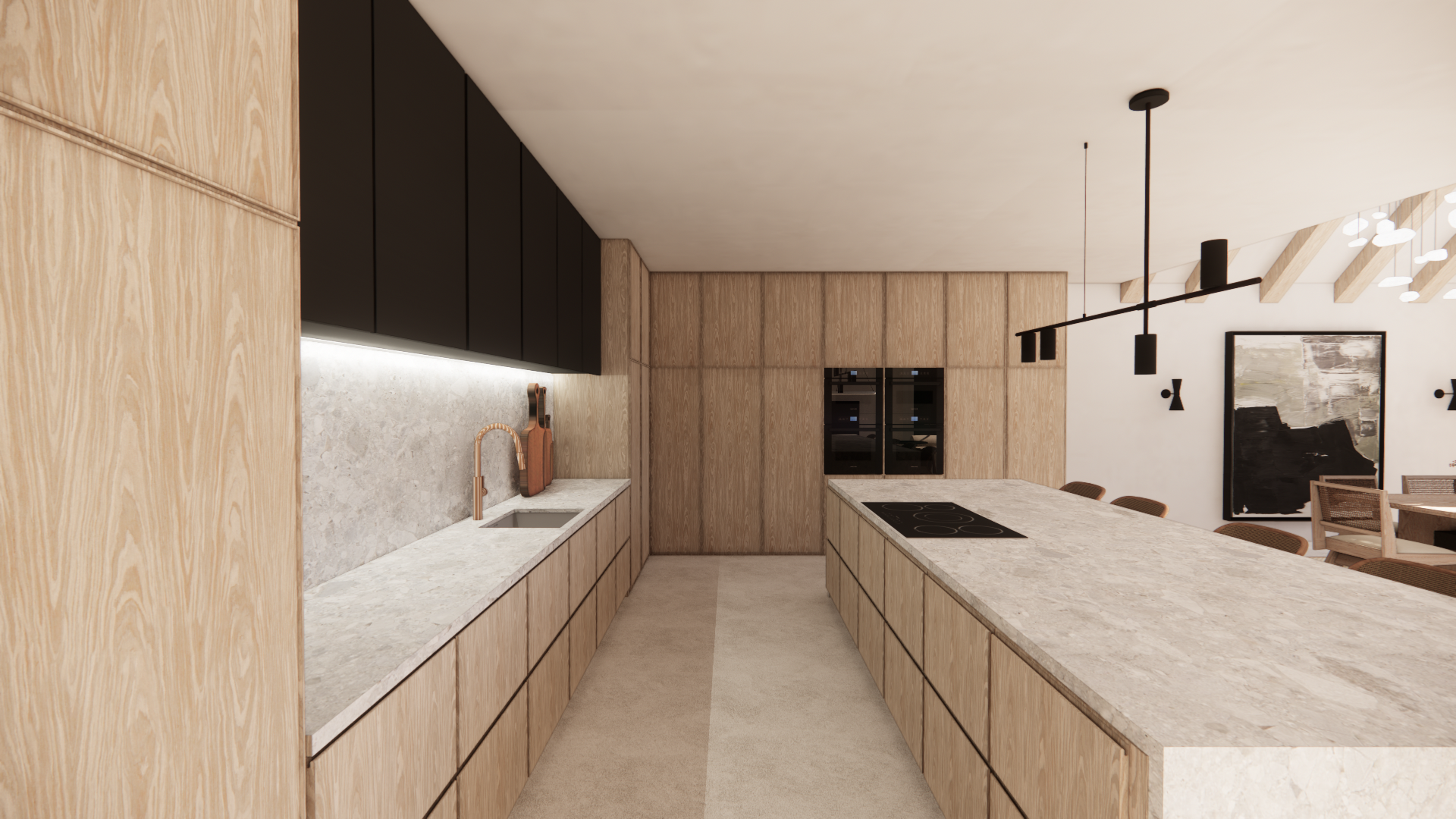 Modern kitchen with light wood cabinetry, marble countertops, black upper cabinets, and a beige carpeted floor, with a dining area and artwork in the background.