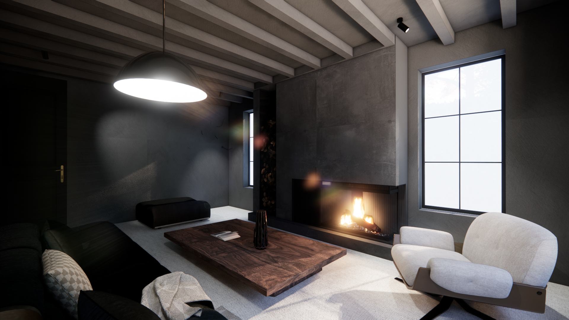 Modern living room with a fireplace, large window, and contemporary furniture