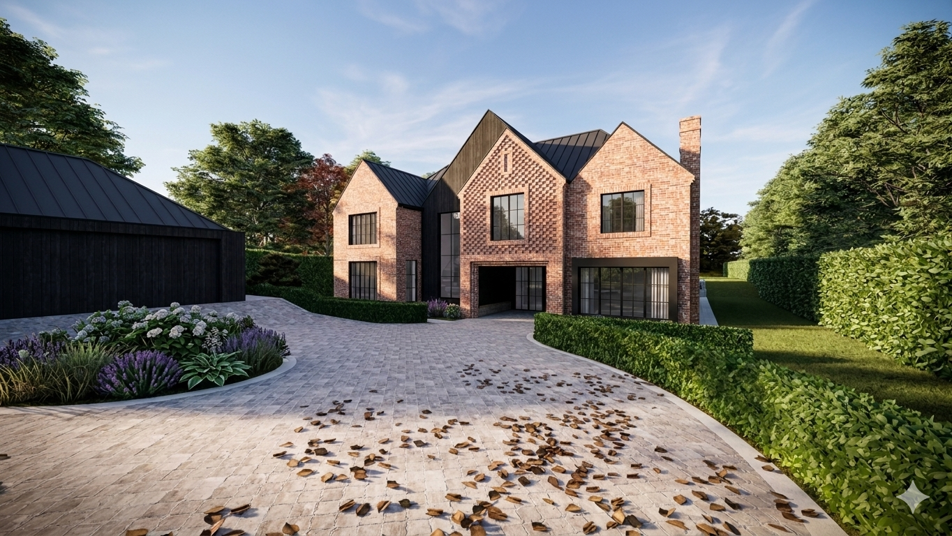 A modern brick house with large black-framed windows, surrounded by lush green trees and landscaped gardens, with a paved driveway in the foreground.