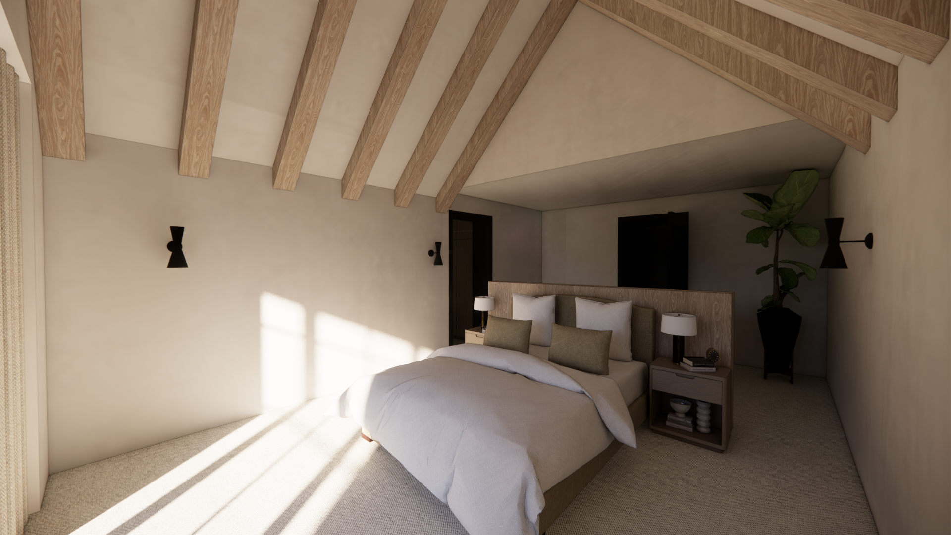 Modern bedroom with a sloped wooden ceiling, beige walls, a bed with white and green pillows, bedside tables with lamps, a potted plant, and black wall-mounted lights.