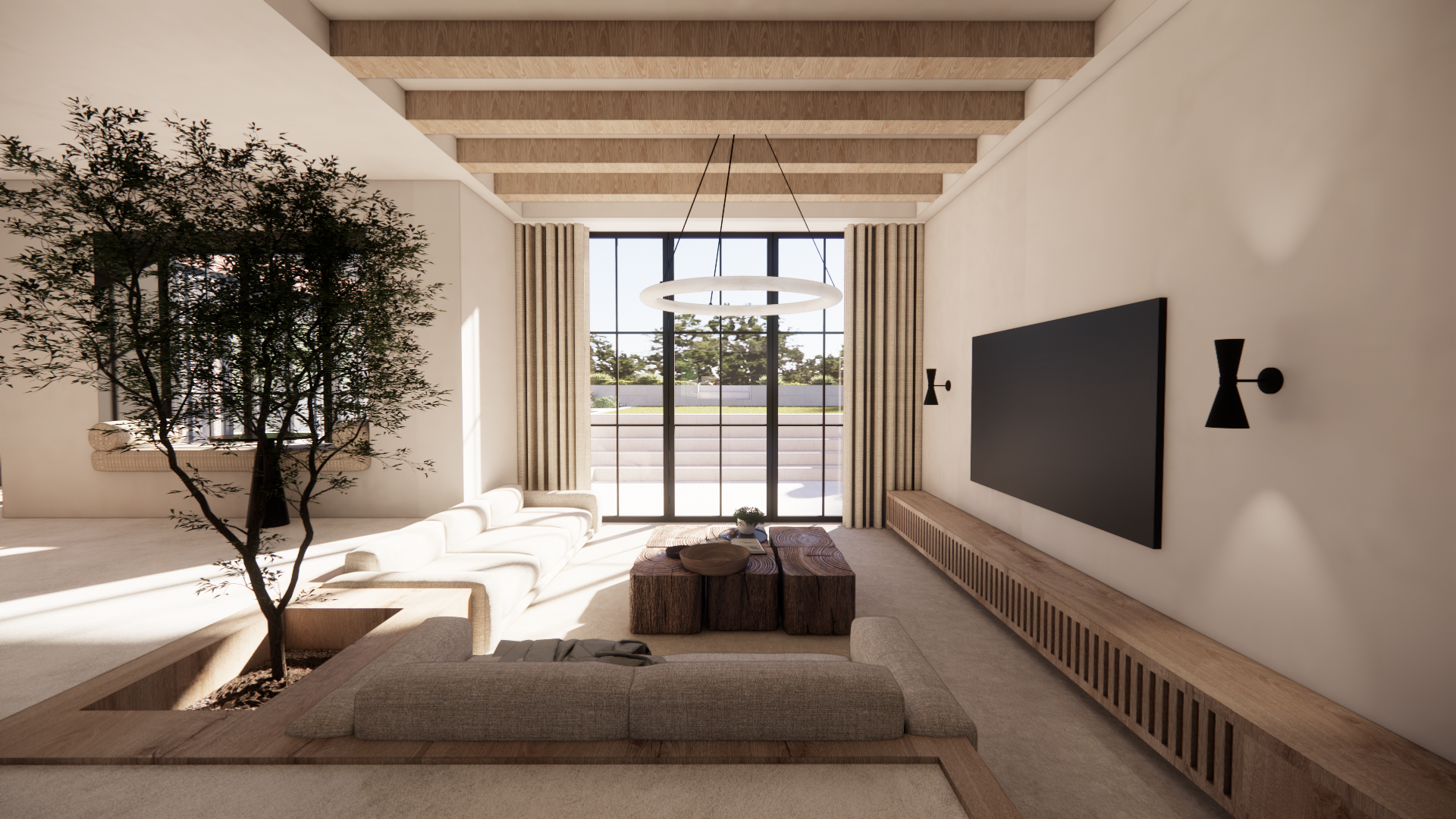 Modern living room with large floor-to-ceiling windows, beige sectional sofa, wooden coffee tables, large flat-screen TV, black wall sconce lights, potted tree, and light-colored curtains, with wooden beam ceiling and minimal decor.
