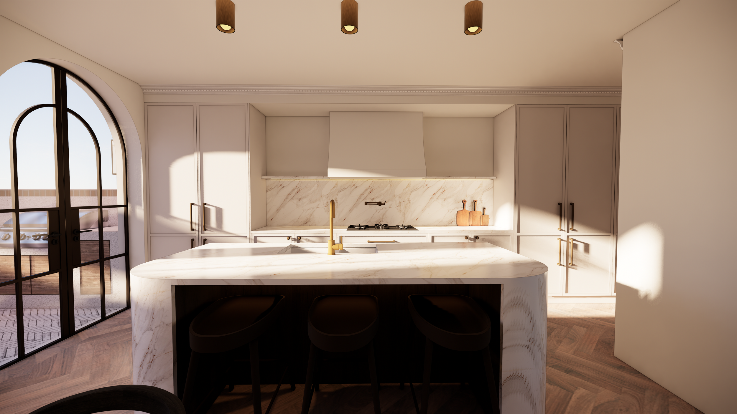 Modern kitchen with white marble island, white cabinetry, gold faucet, and warm lighting, with large arched window showing an outdoor balcony.