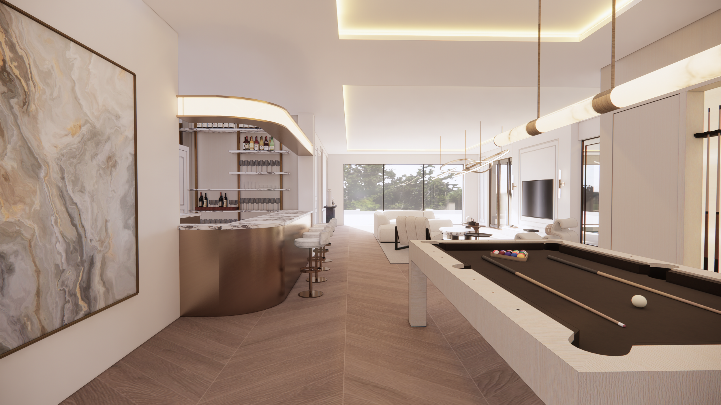 Modern living space with a marble kitchen island, barstools, a seating area with white sofas, large windows, and a pool table.