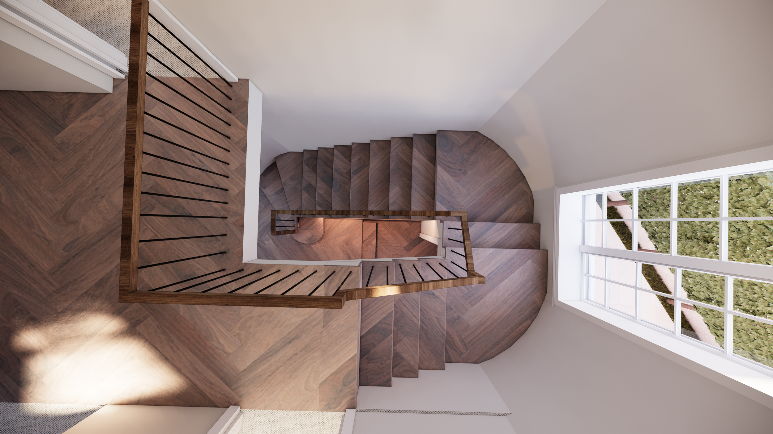 Overhead view of a wooden staircase with black railings, leading downward, with a large window showing green trees outside.