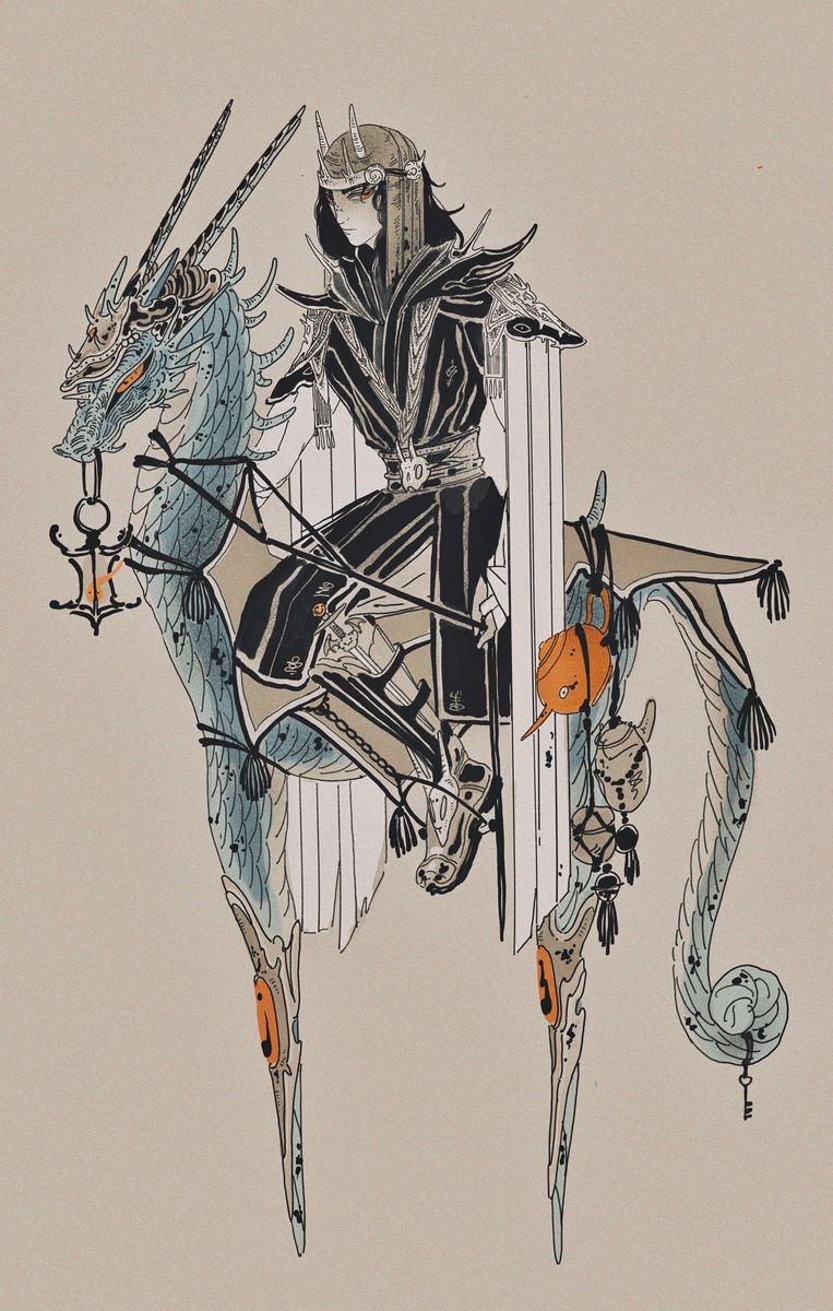 illustration of a mysterious rider on a dragon like horse