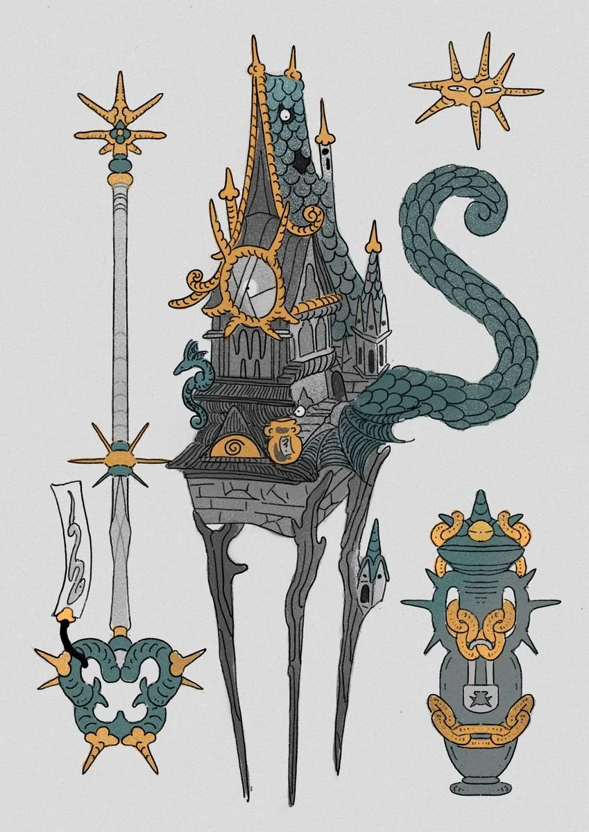 a digital illustration of a haunted house, antique relics, magical items and key