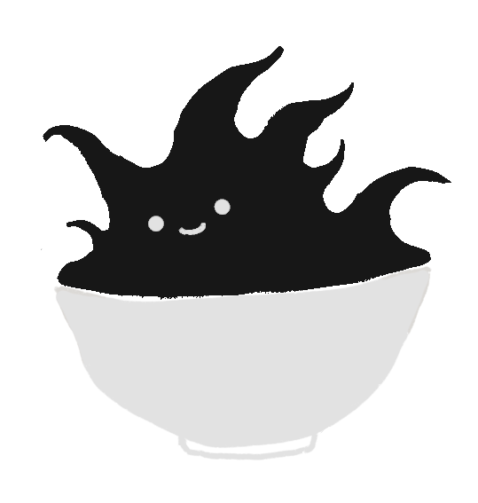 A cartoon black splash with a smiling face inside a white bowl.