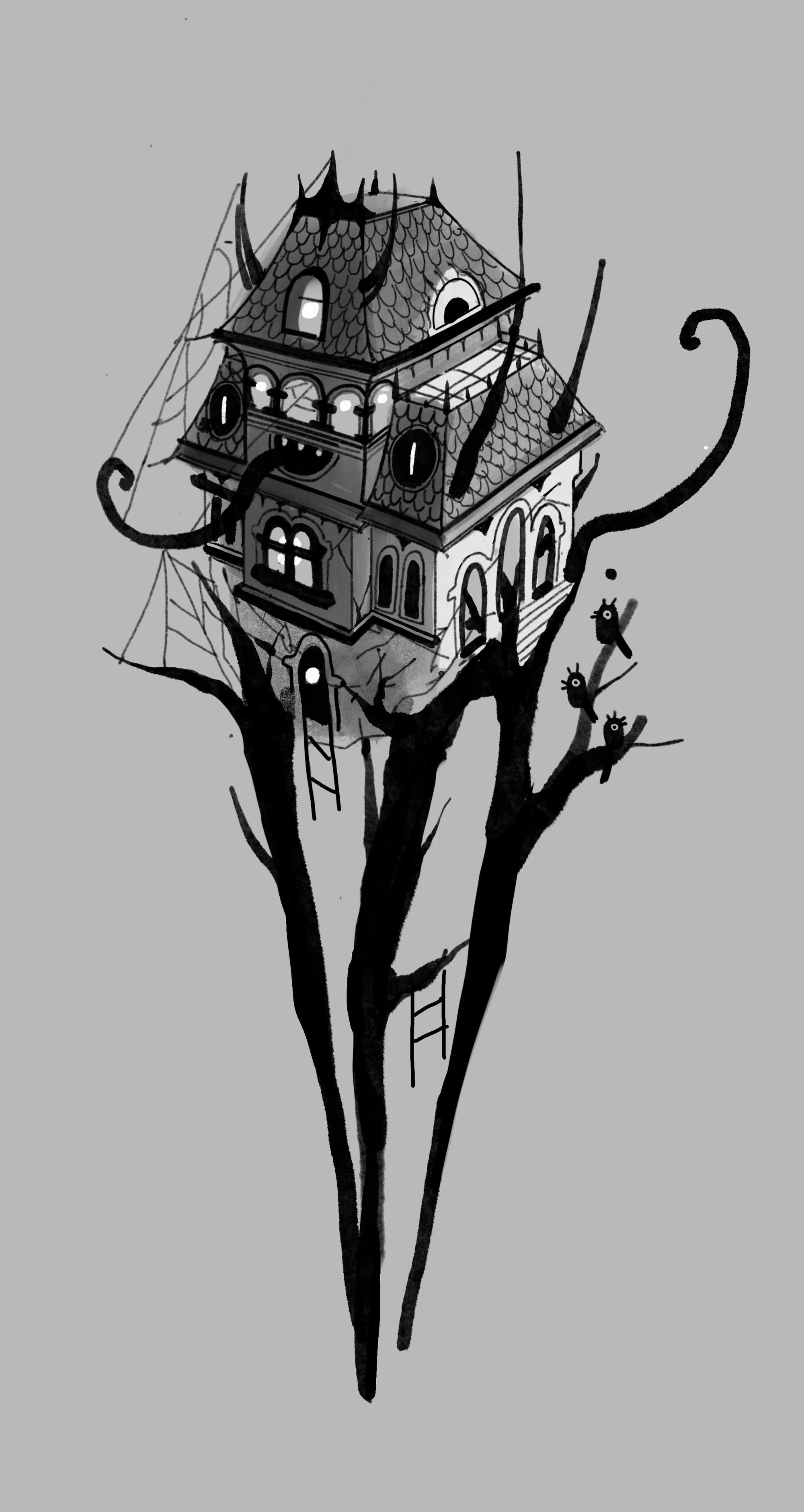 A haunted house perched on a spooky tree, with windows, ladders, and spider webs, a crooked chimney, and a dark gray background.