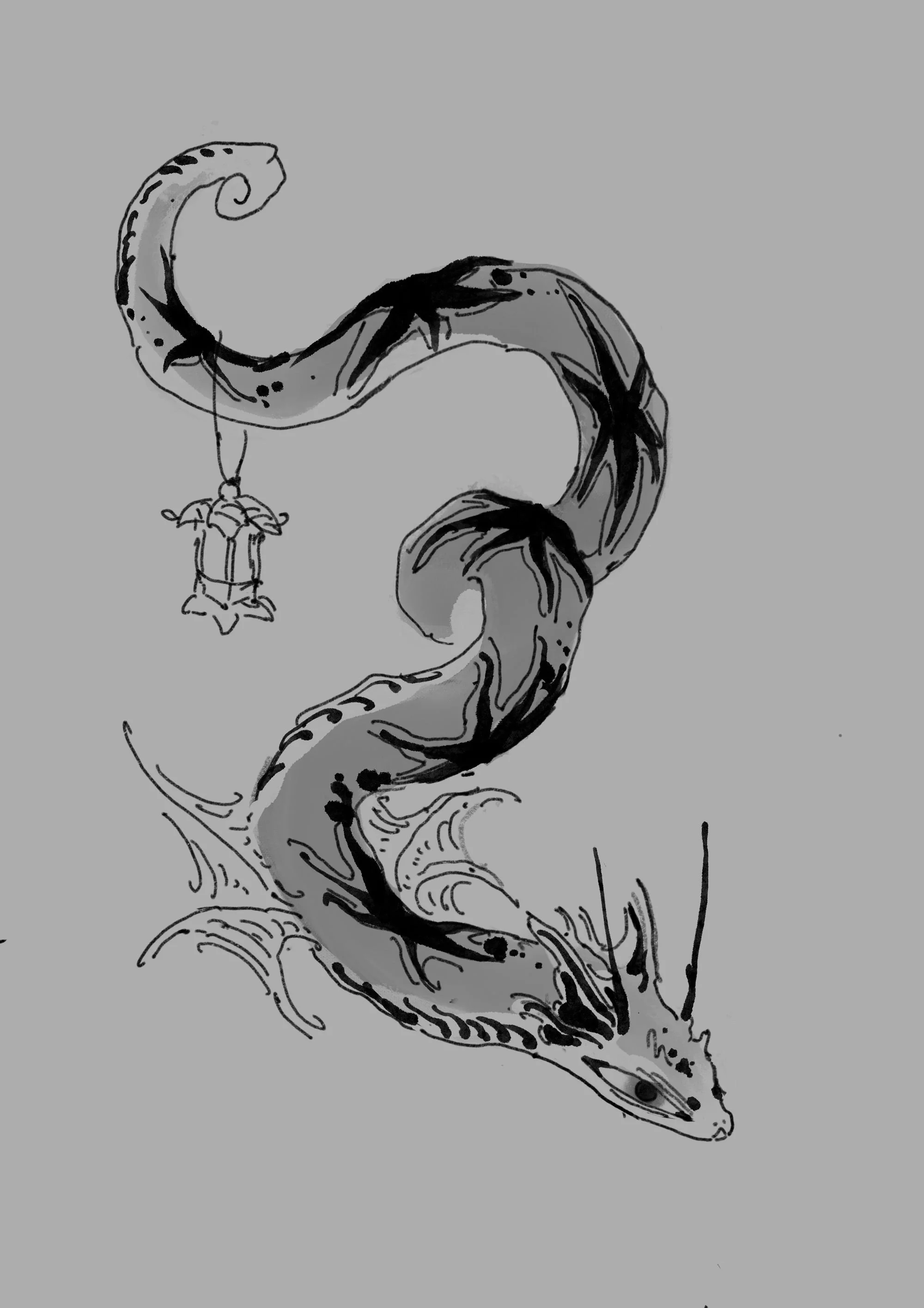 A black and white illustration of a fish leaping out of the water onto a hook, with a small fish caught on the hook.