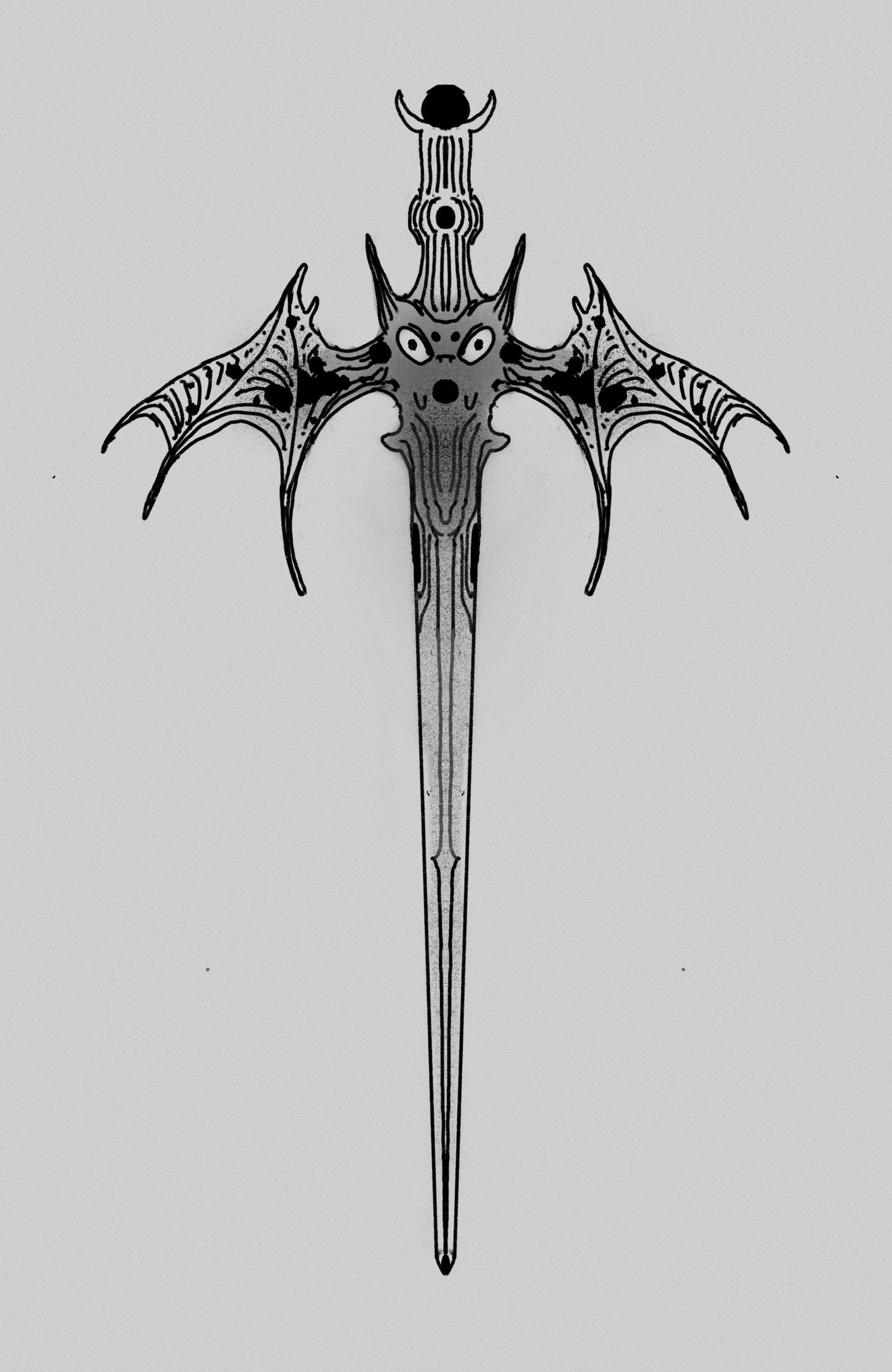 A black and white drawing of a fantasy creature with bat-like wings, multiple eyes, and a long sword-like body.