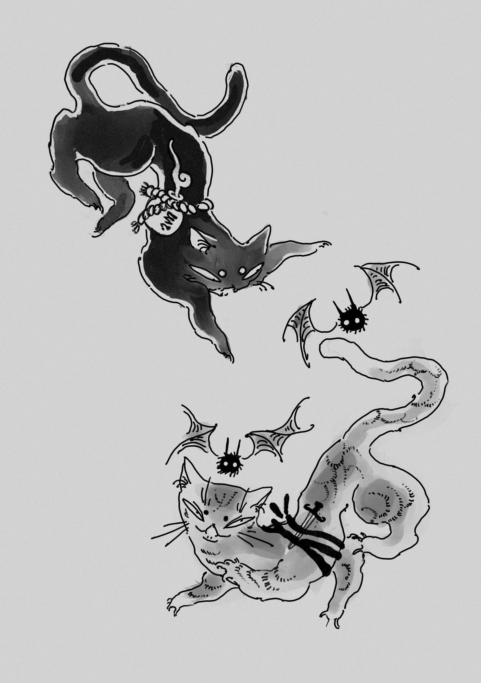 A black cat and a gray dragon twisted around each other, with small bat-like creatures flying nearby in a fantasy-themed illustration.